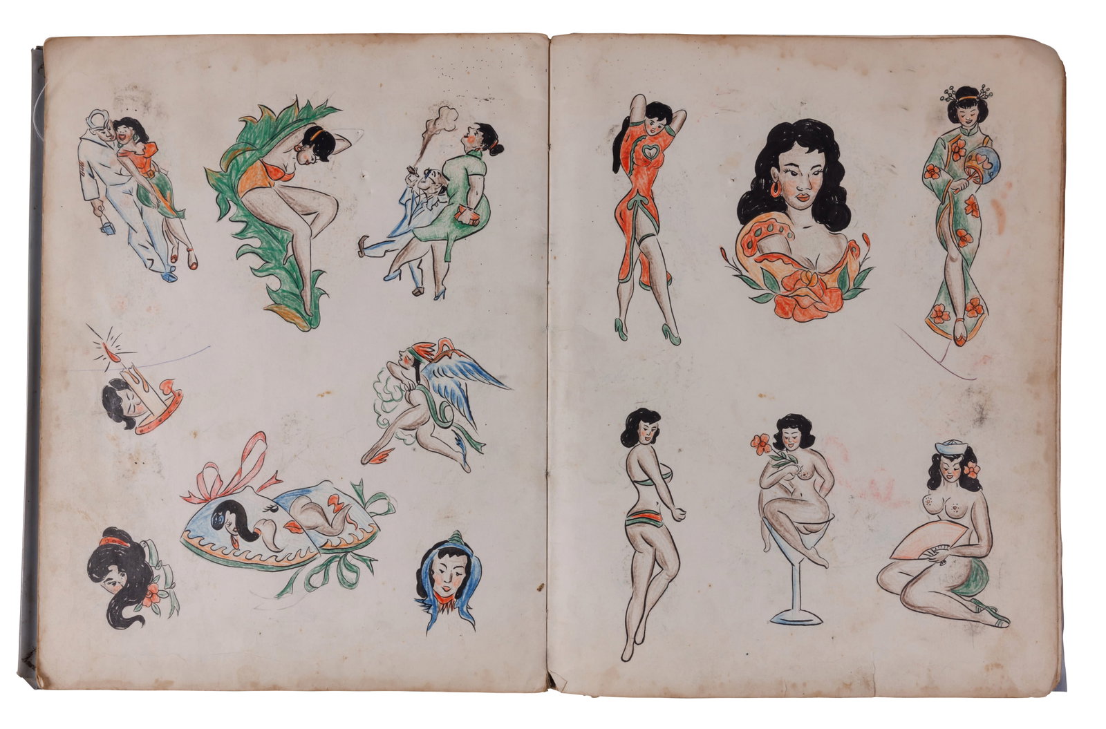 Large 62-Page Book of Tattoo Designs by James Ho [Folk Art - Korean War] (Hong Kong, ca. 1958) 14 x: Large 62-Page Book of Tattoo Designs by James Ho [Folk Art - Korean War] (Hong Kong, ca. 1958) An exceptional book containing sixty-two [62] pages, or thirty-one [31] double-sided sheets, of hand-draw