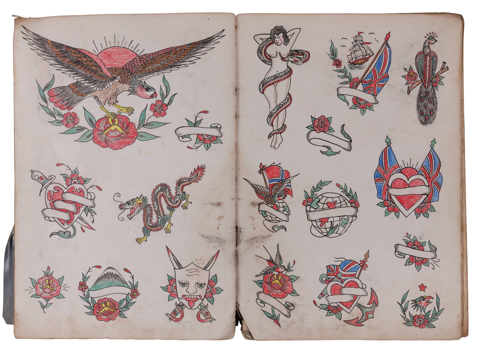 Large 46-Page Book of Tattoo Designs by James Ho [Folk Art - Korean War] (Hong Kong, ca. 1957) 14: Large 46-Page Book of Tattoo Designs by James Ho [Folk Art - Korean War] (Hong Kong, ca. 1957) An exceptional book containing forty-six [46] pages, or twenty-three [23] double-sided sheets, of hand-dr