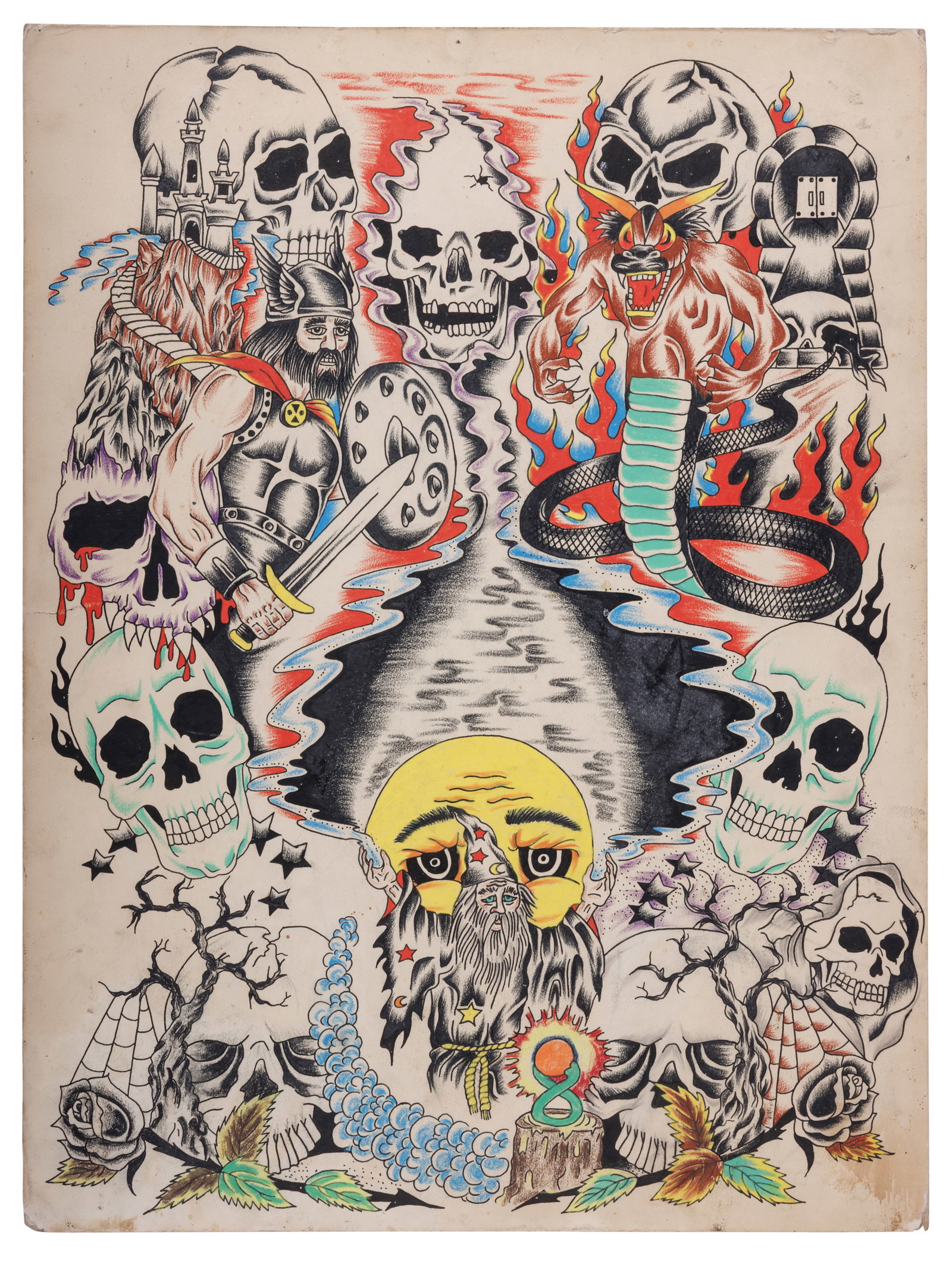 Wizard and Skulls Tattoo Back Piece by Bobby Shaw (Houston, ca. 1985) 20 x 15 in. (50.8 x 38.1 cm.) (1 of 2)