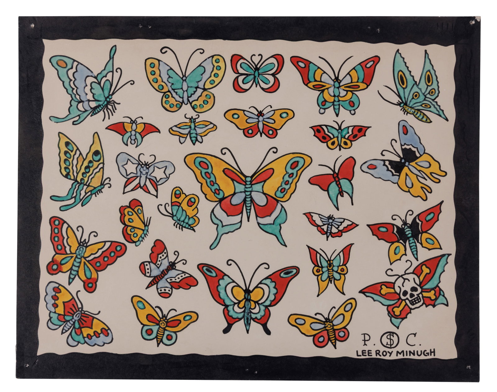 Butterfly Tattoo Designs by Leroy Minugh [Folk Art - Outsider] (Long Beach, ca. 1960) 11 x 14 in.: Butterfly Tattoo Designs by Leroy Minugh [Folk Art - Outsider] (Long Beach, ca. 1960) Hand-painted tattoo flash by Leroy Minugh (1911-1994), Nu-Pike, Long Beach, California, ca. 1960. Ink and watercol