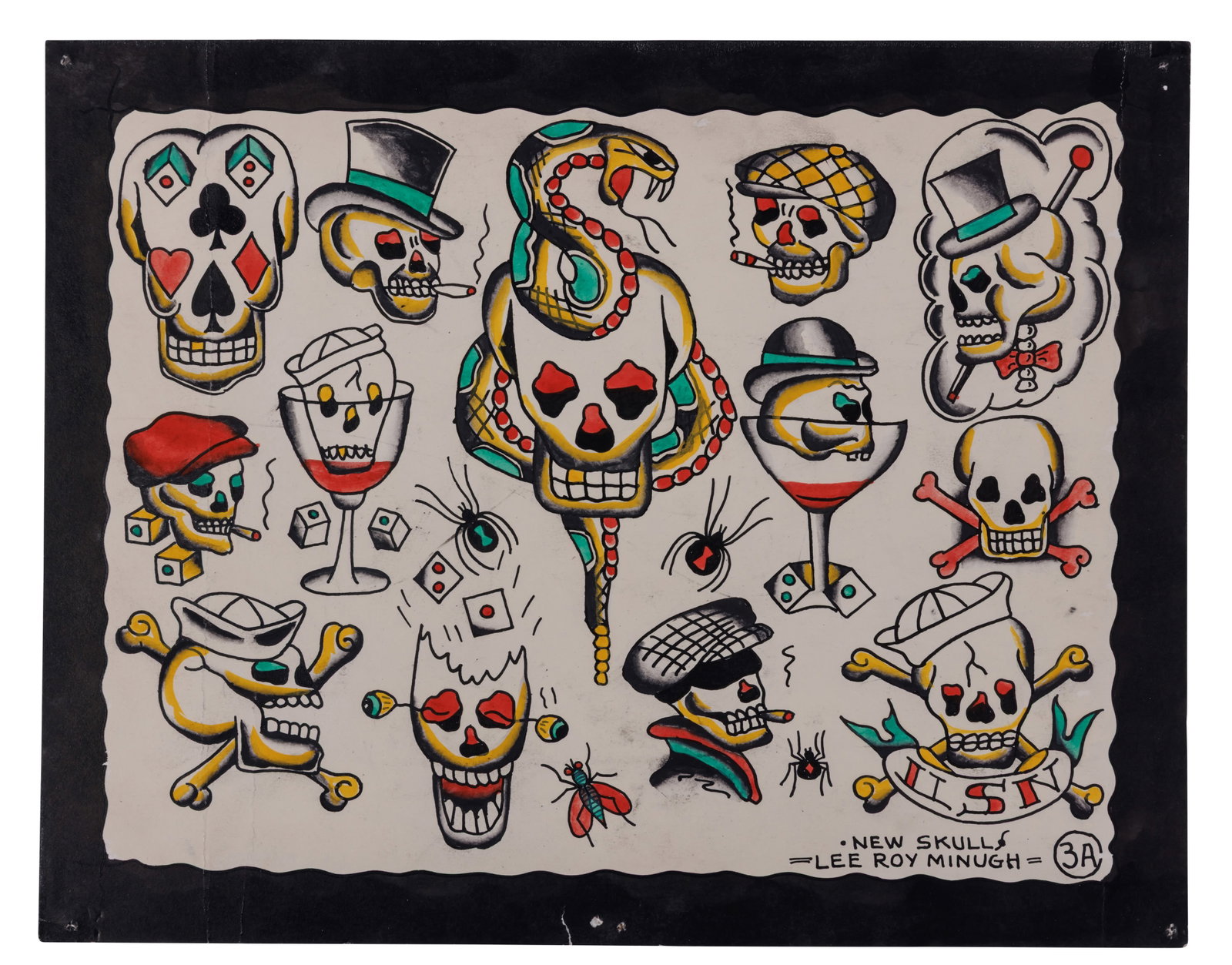 Skull Tattoo Designs by Leroy Minugh [Folk Art - Outsider] (Long Beach, ca. 1960) 11 x 14 in. (27.9: Skull Tattoo Designs by Leroy Minugh [Folk Art - Outsider] (Long Beach, ca. 1960) Hand-painted tattoo flash by Leroy Minugh (1911-1994), Nu-Pike, Long Beach, California, ca. 1960. Ink and watercolor o