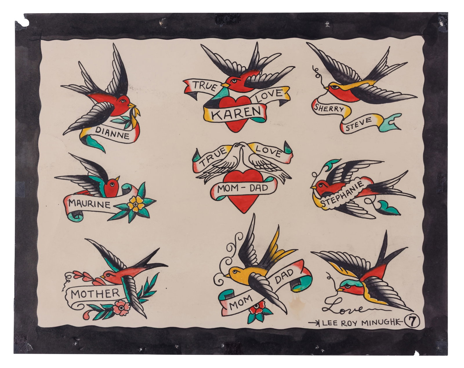 Swallow Tattoo Designs by Leroy Minugh [Folk Art - Outsider] (Long Beach, ca. 1960) 11 x 14 in. (1 of 2)