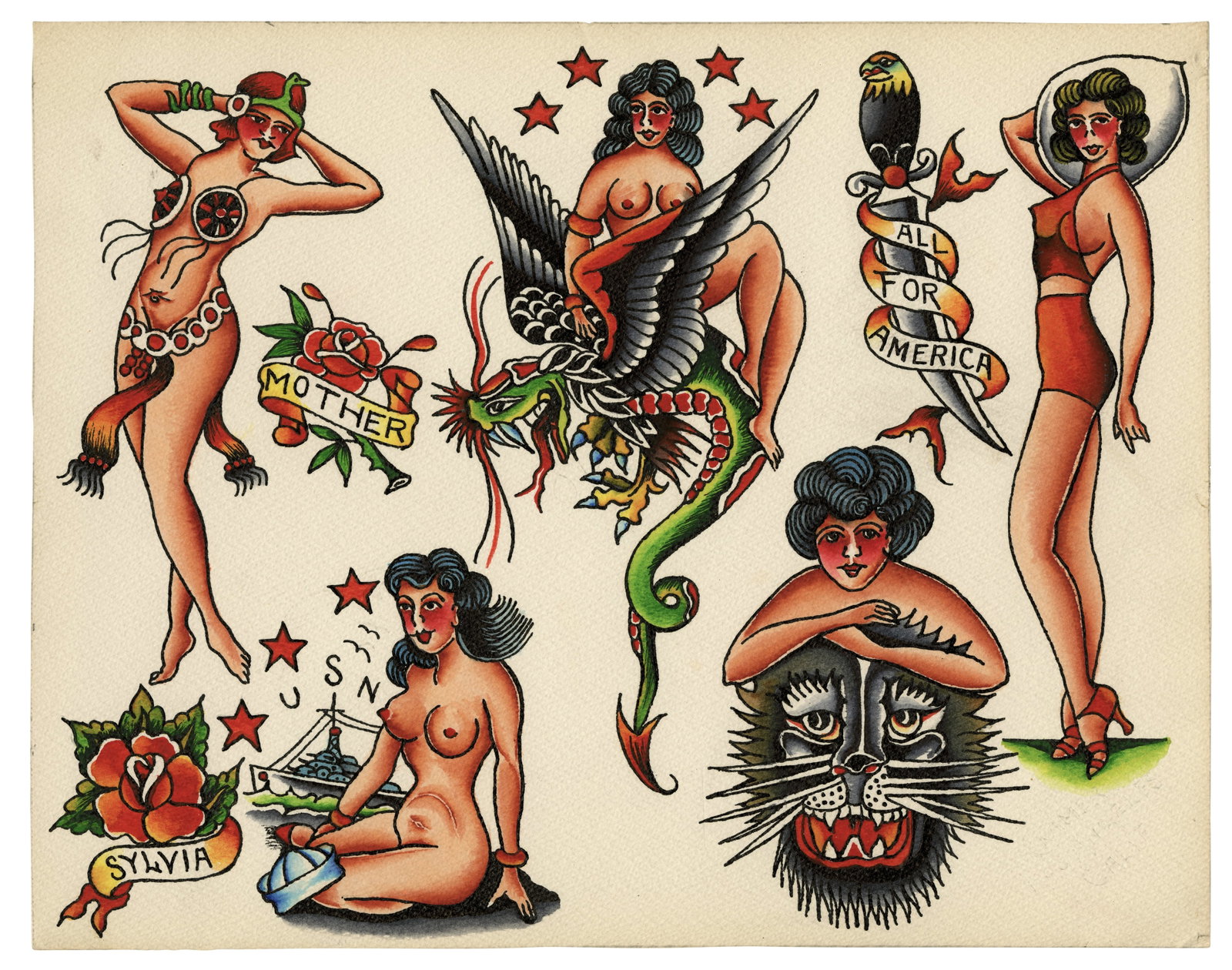 "All For America" and Other Pin-Up Tattoo Designs by F. L. Cramer (Los Angles, ca. 1950) 11 x 14 in.: "All For America" and Other Pin-Up Tattoo Designs by F. L. Cramer (Los Angles, ca. 1950) Hand-painted tattoo flash by Daniel Franklin Cramer (1899-1988), aka F. L. Cramer, Los Angeles, California, ca.