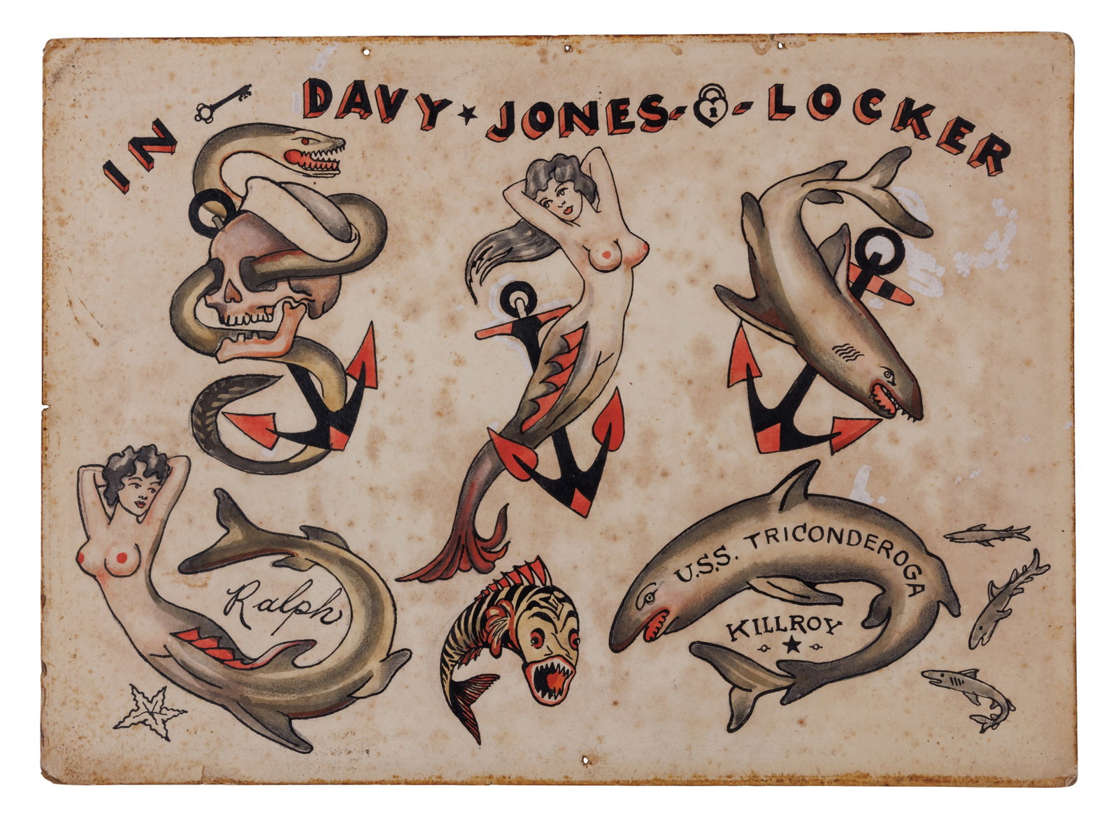 "Davey Jones Locker" and Other Tattoo Designs by Ralph Johnstone [U.S.S. Ticonderoga - Killroy]: "Davey Jones Locker" and Other Tattoo Designs by Ralph Johnstone [U.S.S. Ticonderoga - Killroy] (Chicago, ca. 1950) Exceptional hand-painted tattoo flash by Ralph Johnstone (1904-1960), Chicago, ca. 1