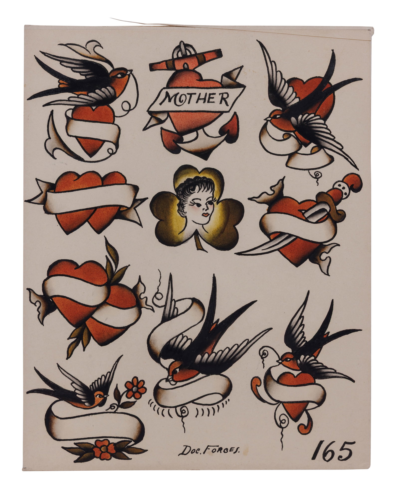 Sweetheart and Other Tattoo Designs by Doc Forbes (Vancouver, ca. 1950) 10 x 8 in. (25.4 x 20.3 cm.) (1 of 2)