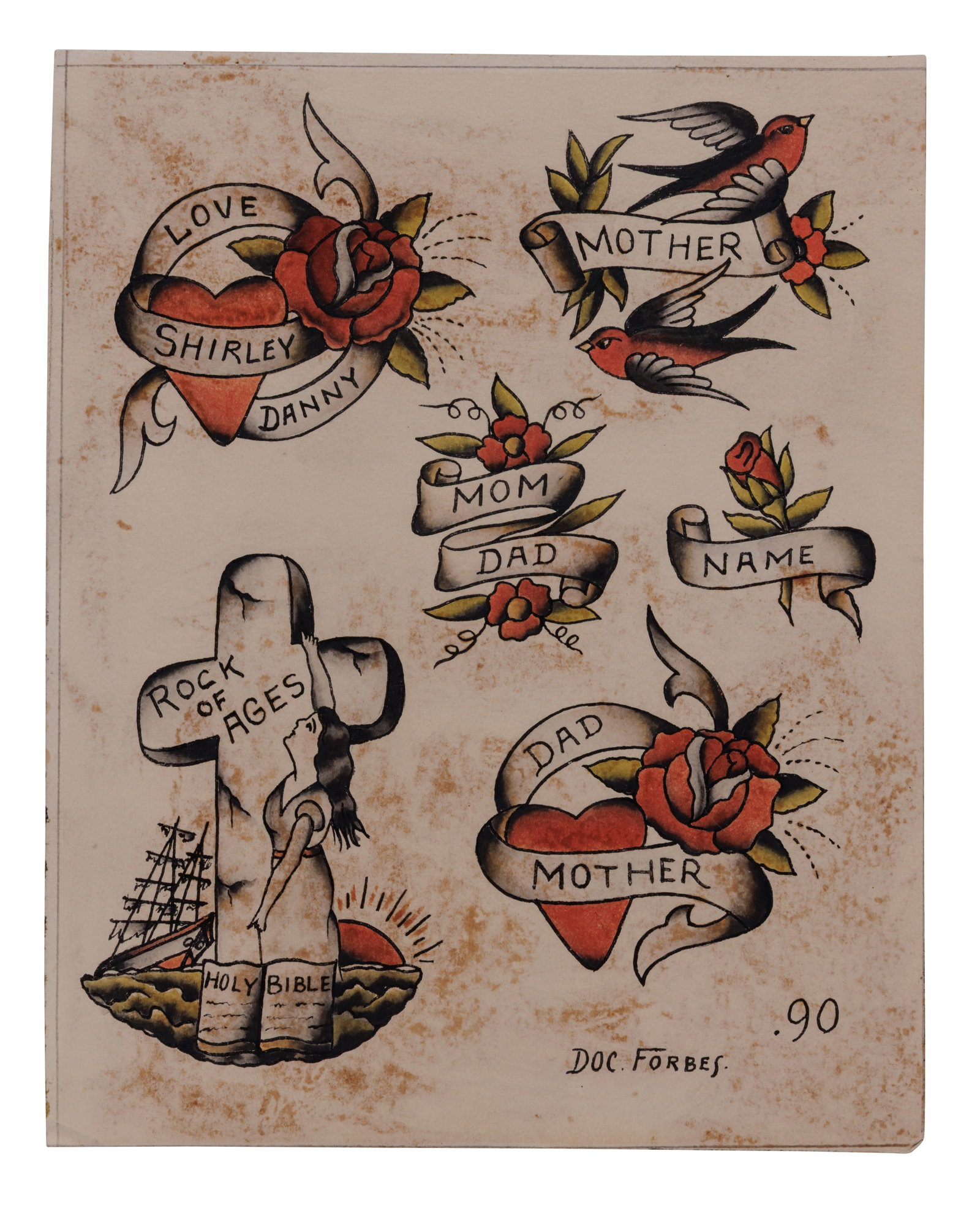 "Rock of Ages" and Other Tattoo Designs by Doc Forbes (Vancouver, ca. 1950) 10 x 8 in. (25.4 x 20.3 (1 of 2)