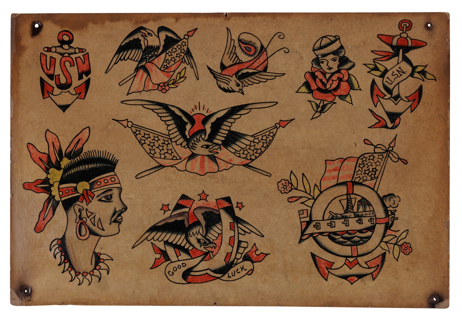 U.S. Navy and Other Patriotic American Tattoo Designs (America, ca. 1940) 10 x 15 in. (25.4 x 38.1: U.S. Navy and Other Patriotic American Tattoo Designs (America, ca. 1940) Hand-painted tattoo flash by unknown artist, America, ca. 1940. Verso inscribed "J.E.A." Ink and watercolor on board. 10 x 15 
