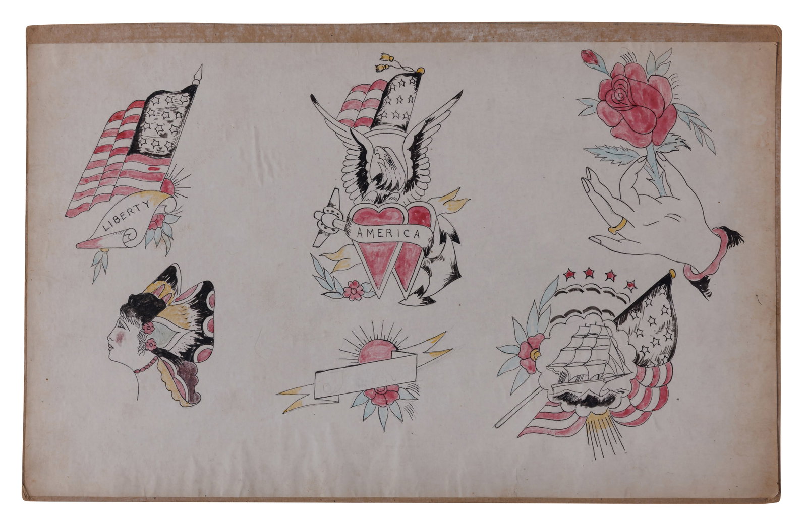 "America" and Other Tattoo Designs by J.F. Wilson (ca. 1920) 9 x 14 in. (22.9 x 35.6 cm.) (1 of 2)