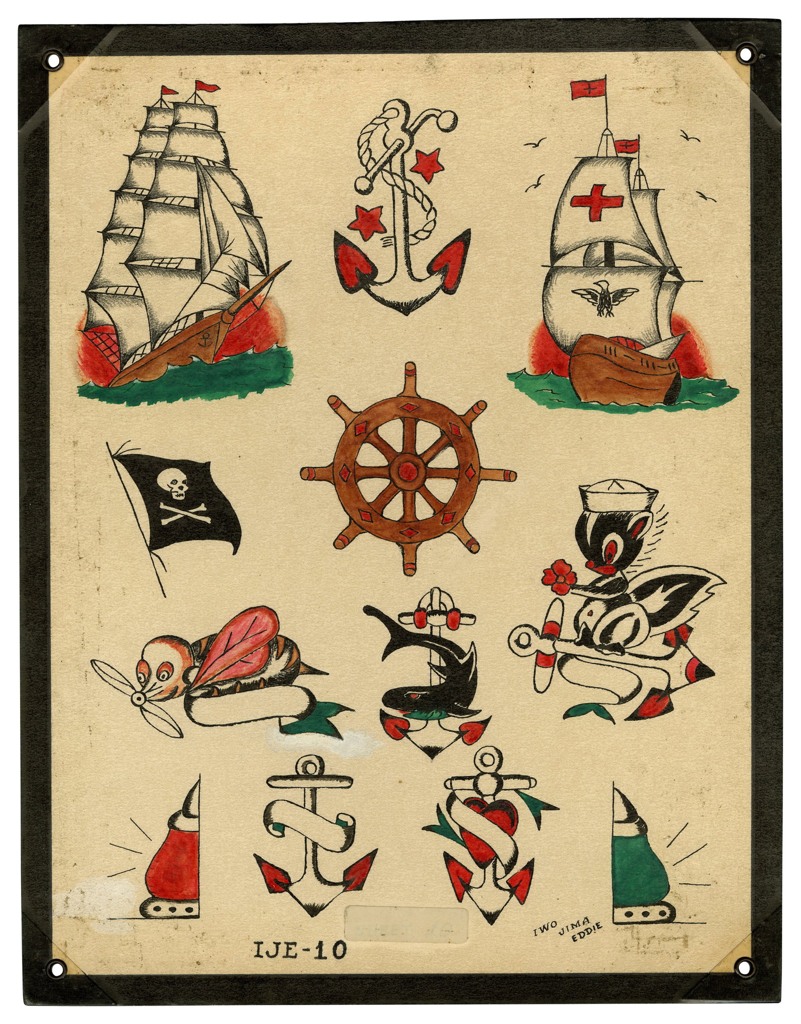 Sailor Tattoo Designs by "Iwo Jima" Eddie (San Diego, ca. 1960) 14 x 11 in. (35.6 x 27.9 cm.) (1 of 2)