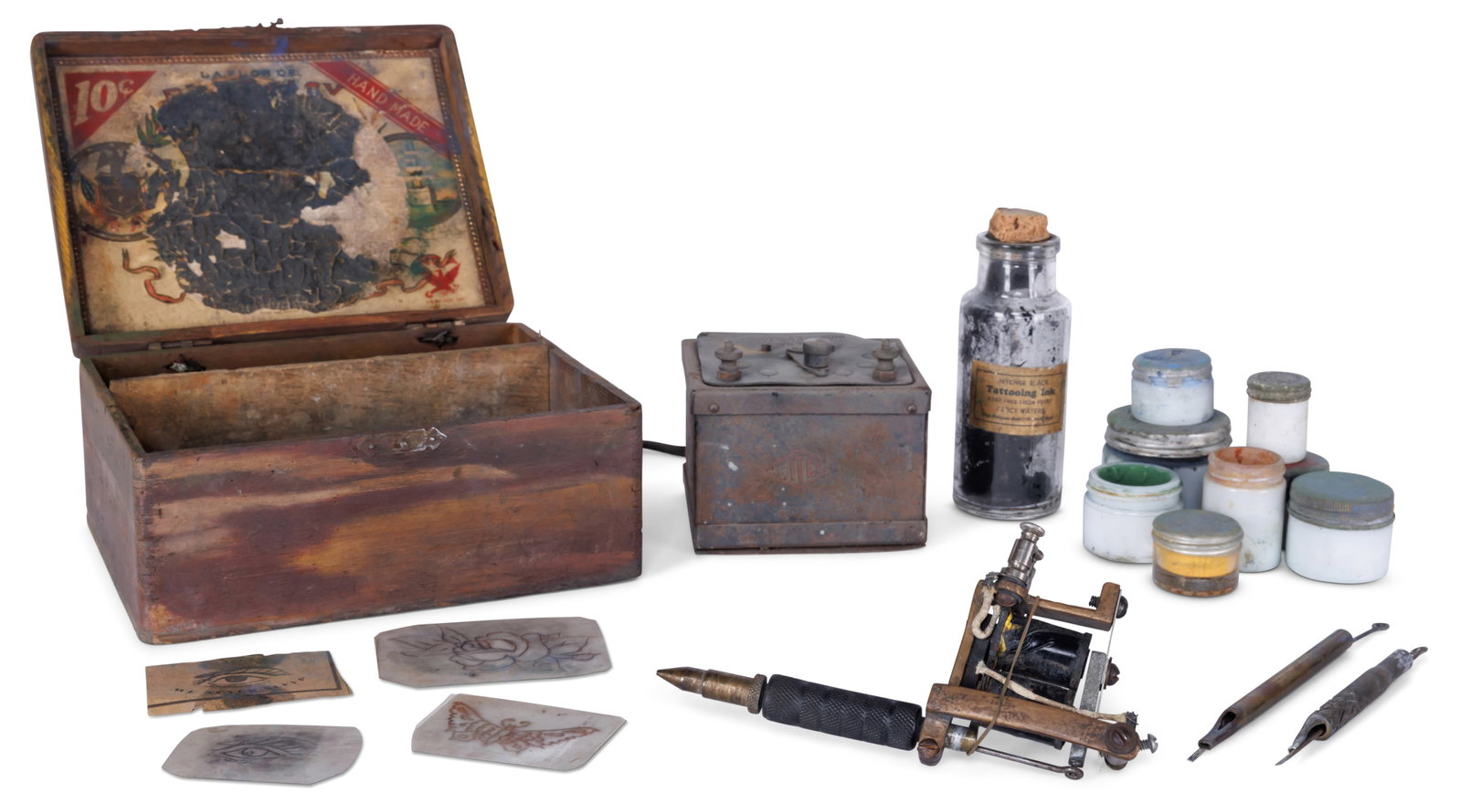 Carnival Tattoo Artist Travel Kit [Folk Art - Science and Technology - Percy Waters] Cigar box: 3 x (1 of 13)