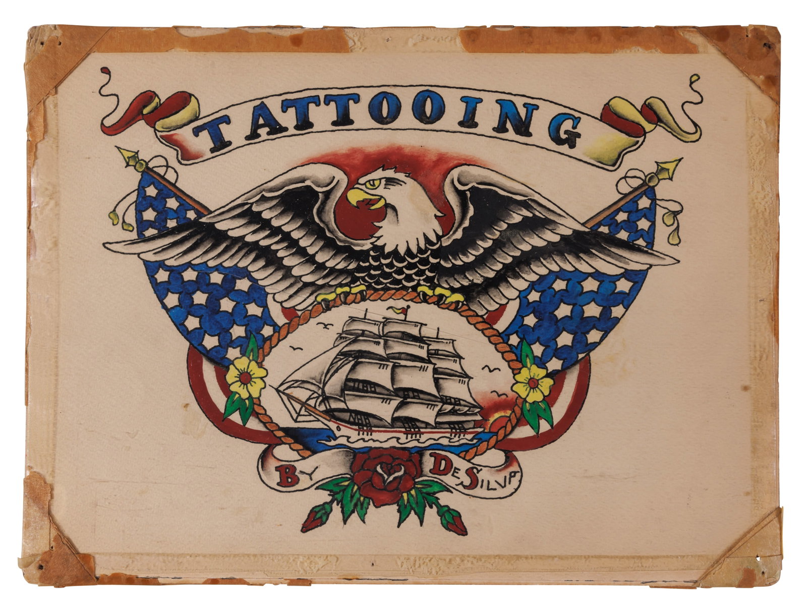American Eagle Tattoo Sign by George DeSilva [Trade Sign] (California or Hawaii, ca. 1950) 11 x 15: American Eagle Tattoo Sign by George DeSilva [Trade Sign] (California or Hawaii, ca. 1950) Tattoo flash sign by George DeSilva, California or Hawaii, ca. 1950. Ink and watercolor on board, plastic cov