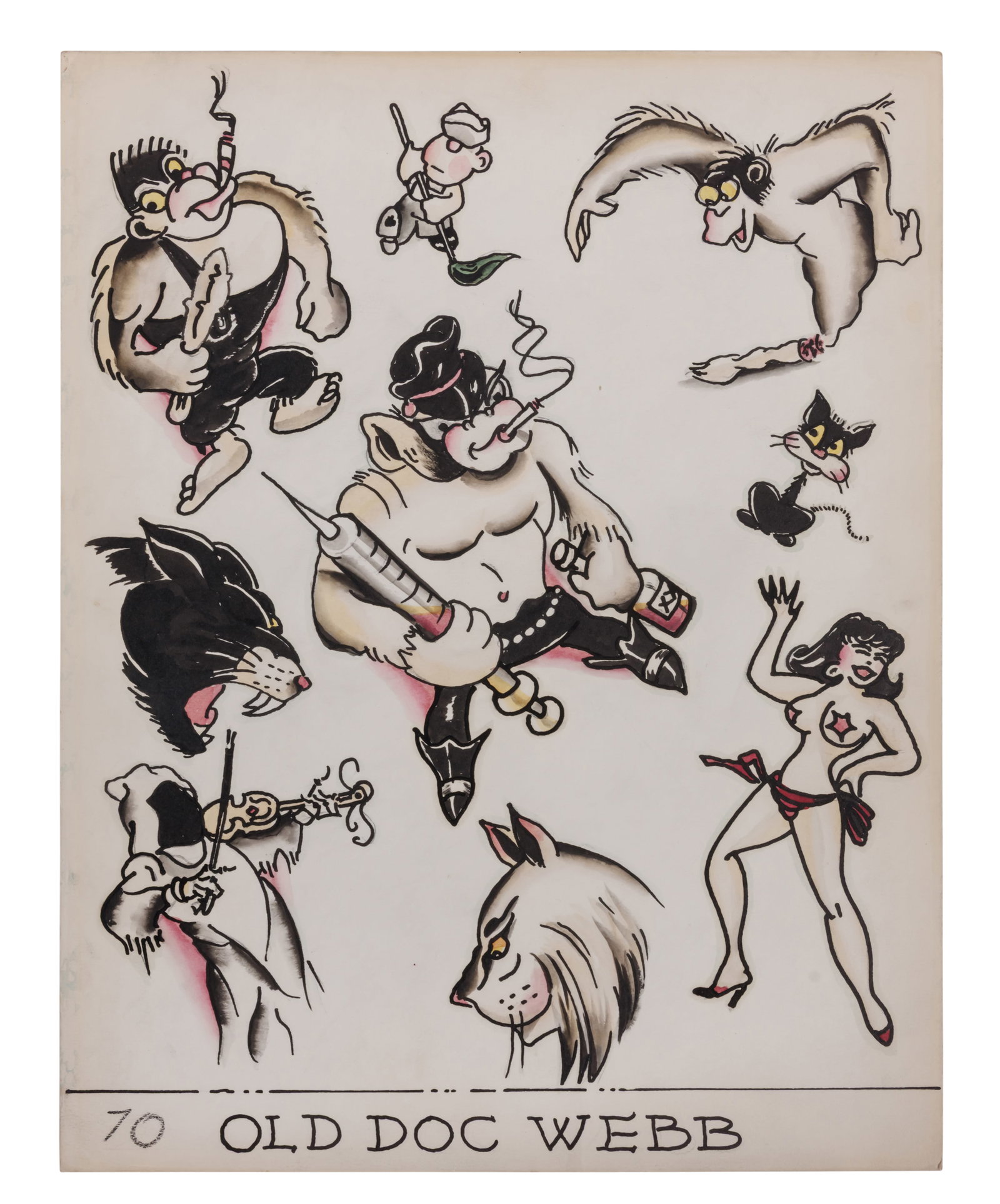 Gorillas and Other Tattoo Designs by Doc Webb [LGBTQ - Heroin] (San Diego, CA, ca. 1970) 14 x 11 in.: Gorillas and Other Tattoo Designs by Doc Webb [LGBQT - Heroin] (San Diego, CA, ca. 1970) Hand-painted tattoo flash by George "Doc" Webb (1910-1986), San Diego, California, ca. 1970. Signed "Earl Brown