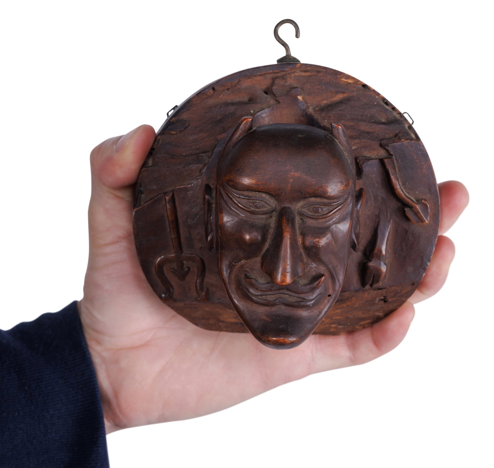 Antique Carved Devil Head Hanging Match Safe [Folk Art] 5 x 3 1/2 x 5 in. (12.7 x 8.9 x 12.7 cm.) (1 of 9)