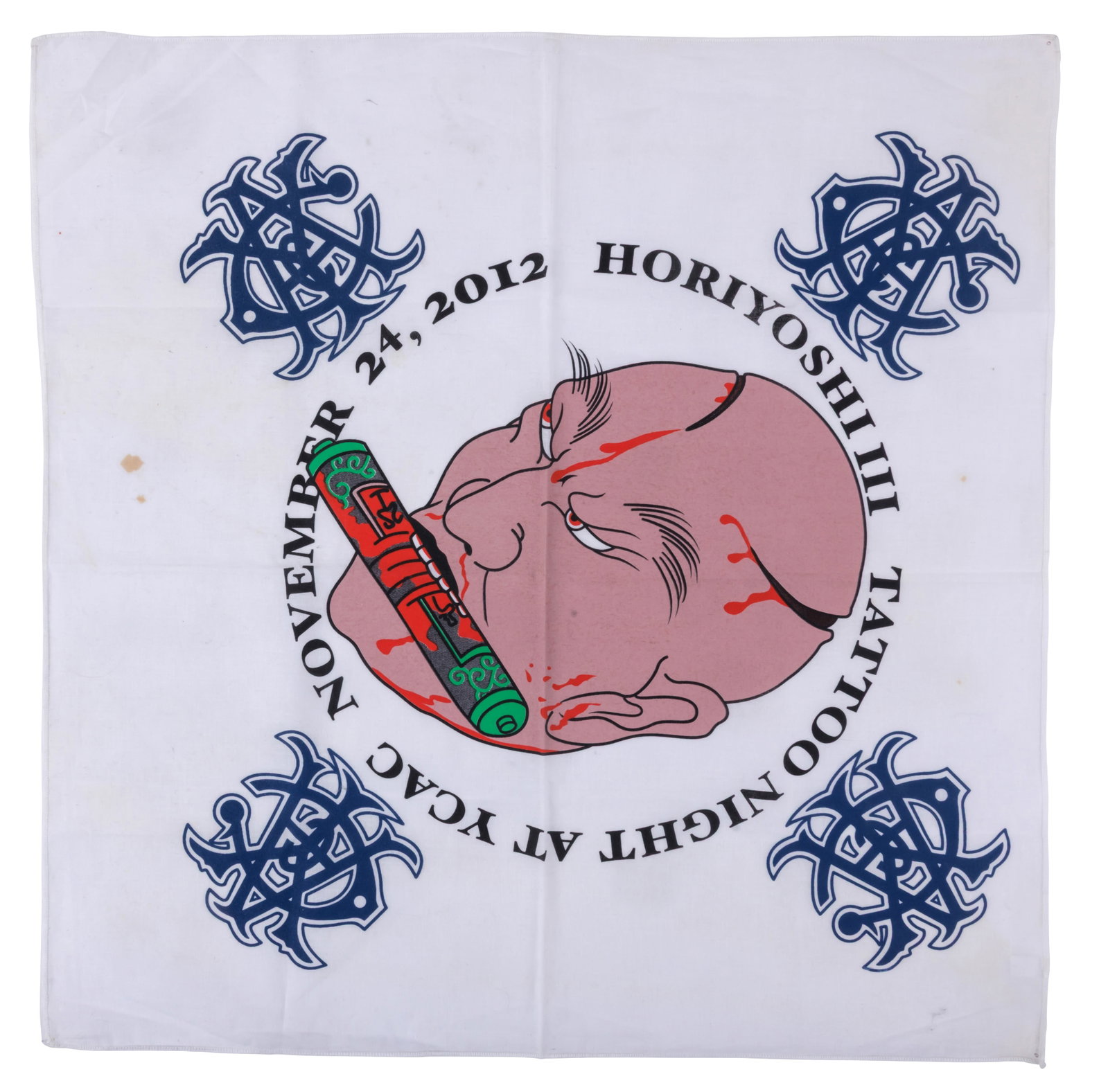 Horiyoshi III Tattoo Night Bandana (Yokohama, Japan, 2012) Banner: 22 x 22 in. (55.9 x 55.9 cm.): Horiyoshi III Tattoo Night Bandana (Yokohama, Japan, 2012) Rare Horiyoshi III (Yoshihito Nakano, b. 1946) bandana promoting an exclusive event at the Yokohama Country & Athletic Club (YC&AC), November