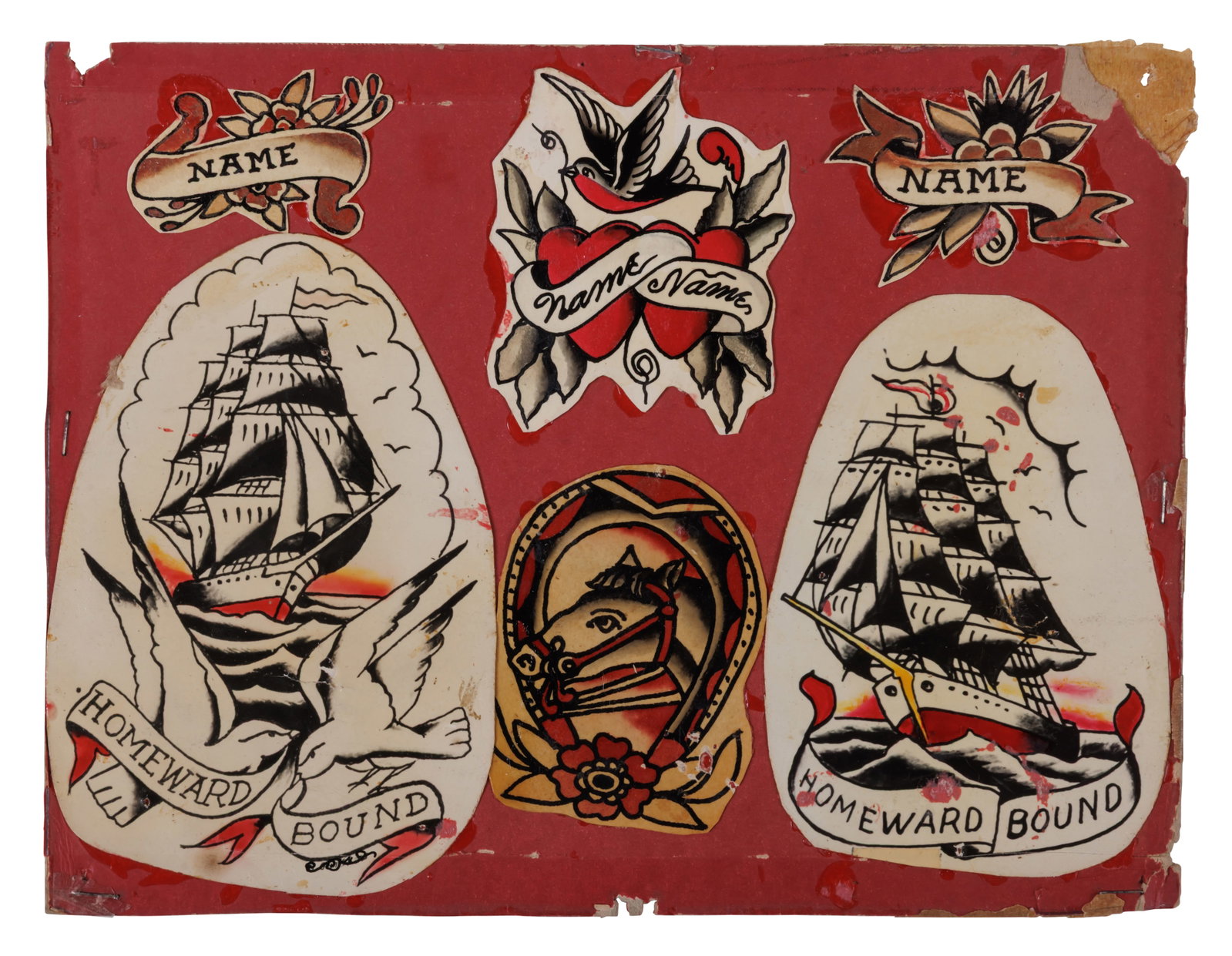 "Homeward Bound" and Other Tattoo Designs by William Grimshaw [Folk Art - Outsider] (America, ca.: "Homeward Bound" and Other Tattoo Designs by William Grimshaw [Folk Art - Outsider] (America, ca. 1940) Assembled sheet of tattoo flash, comprising four small hand-painted designs and two hand-colored