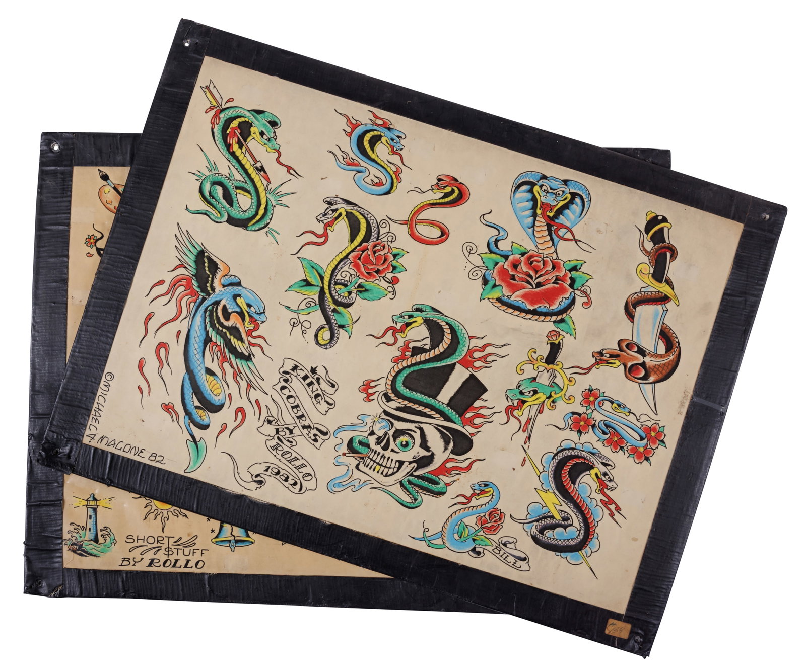 "Short Stuff" and "King Cobras" Tattoo Designs by Rollo Banks (Honolulu, 1982-1983) Each: 15 x 20 (1 of 5)