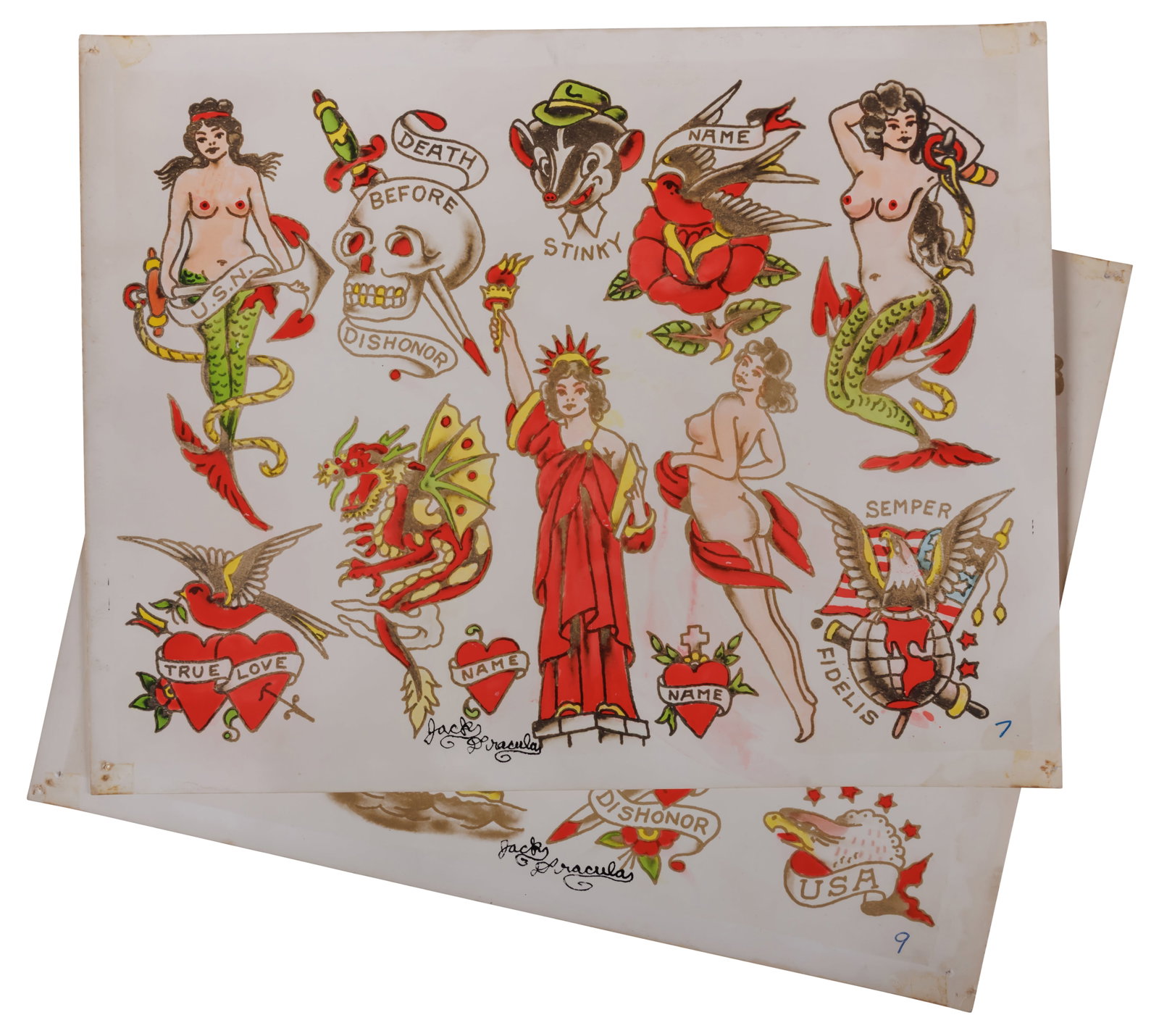 Two Sheets of "Jonesy" Tattoo Designs Used by Jack Dracula [Folk Art - Diane Arbus] (America, ca.: Two Sheets of "Jonesy" Tattoo Designs Used by Jack Dracula [Folk Art - Diane Arbus] (America, ca. 1955) Hand-colored commercial tattoo flash by William "Jonesy" Jones (1898-1969), ca. 1955. Used by ta