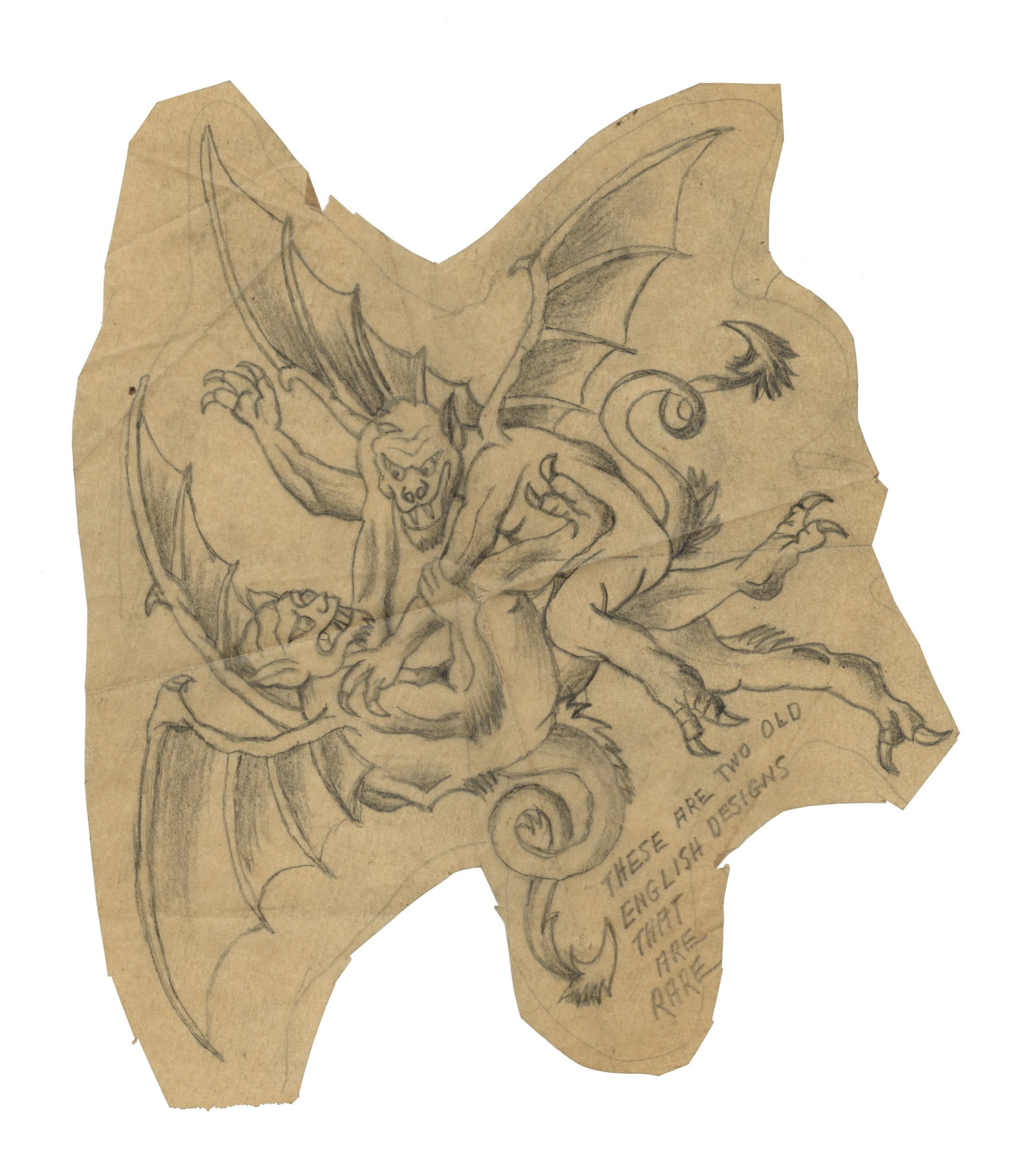 Tattoo Design of Winged Demons in Combat by Bill Skuse (Aldershot, England, ca. 1960) 11 x 9 in. (1 of 2)