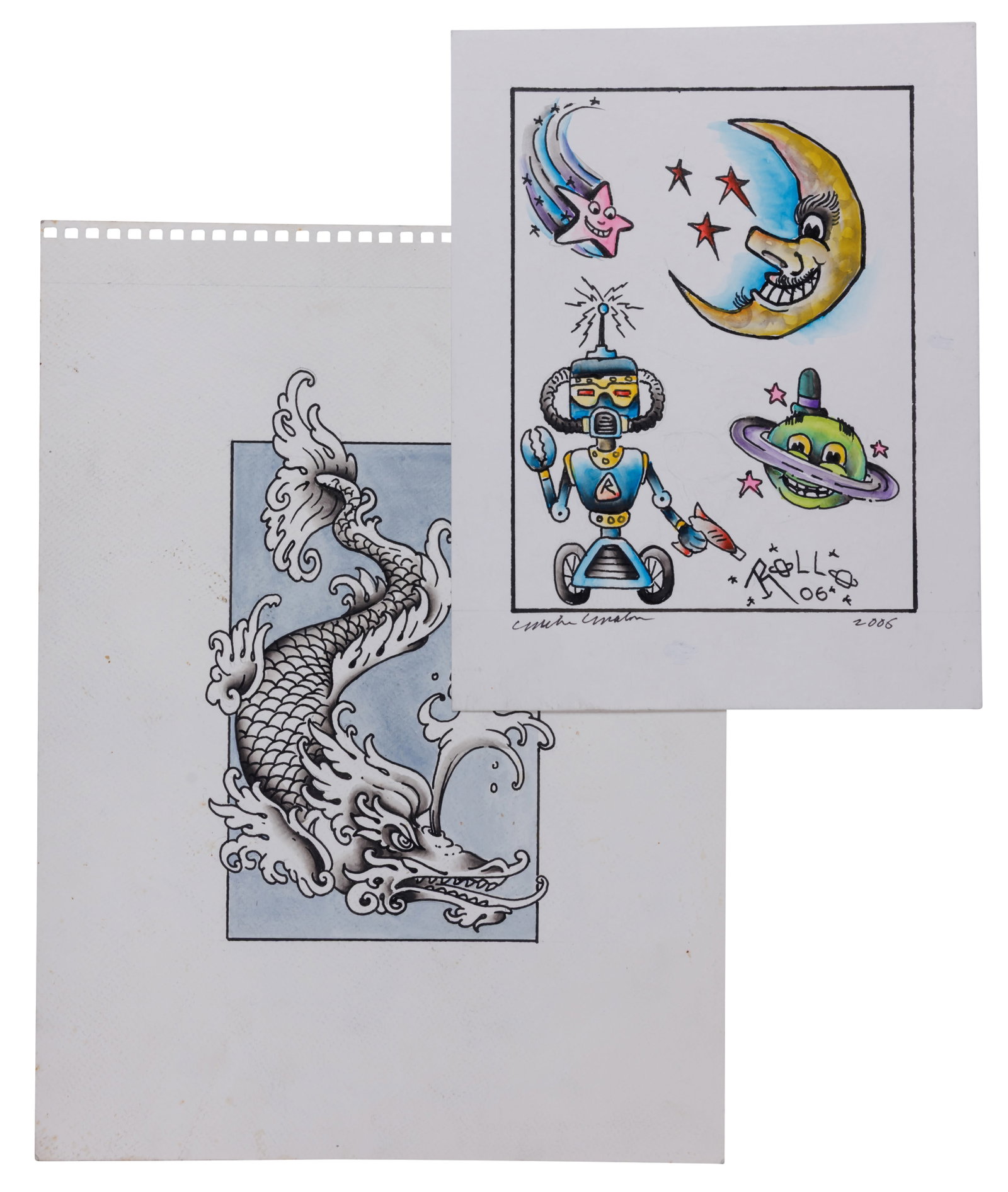 Water Beast and Space Flash by Tattoo Artist Mike "Rollo" Malone (Austin, Texas, ca. 2006) Largest:: Water Beast and Space Flash by Tattoo Artist Mike "Rollo" Malone (Austin, Texas, ca. 2006) Two original artworks by Mike ?Rollo? Malone (1945-2021), Austin, Texas, ca. 2006. Including a painting depic