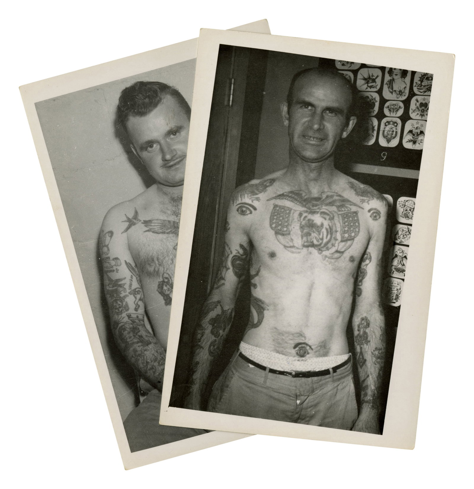 Two Photo Postcards of Tattooed Men [Tattoo - RPPC] (America, ca. 1950) Each: 5 1/2 x 3 1/2 in. (14: Two Photo Postcards of Tattooed Men [Tattoo - RPPC] (America, ca. 1950) Two real photo postcards of tattooed men, including one standing before tattoo flash, possibly by Doc King, America, ca. 1950. G