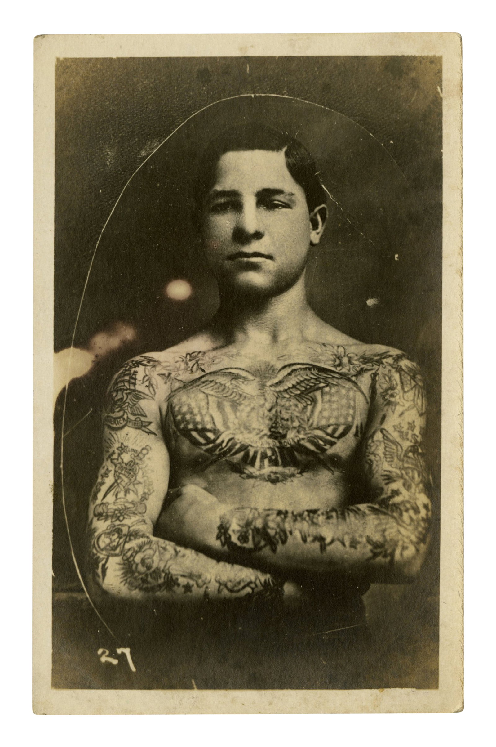 Photo Postcard of Tattooed Man, Percy Waters [RPPC - Tattoo] (Detroit, ca. 1925) 5 1/2 x 3 1/2 in. (1 of 2)
