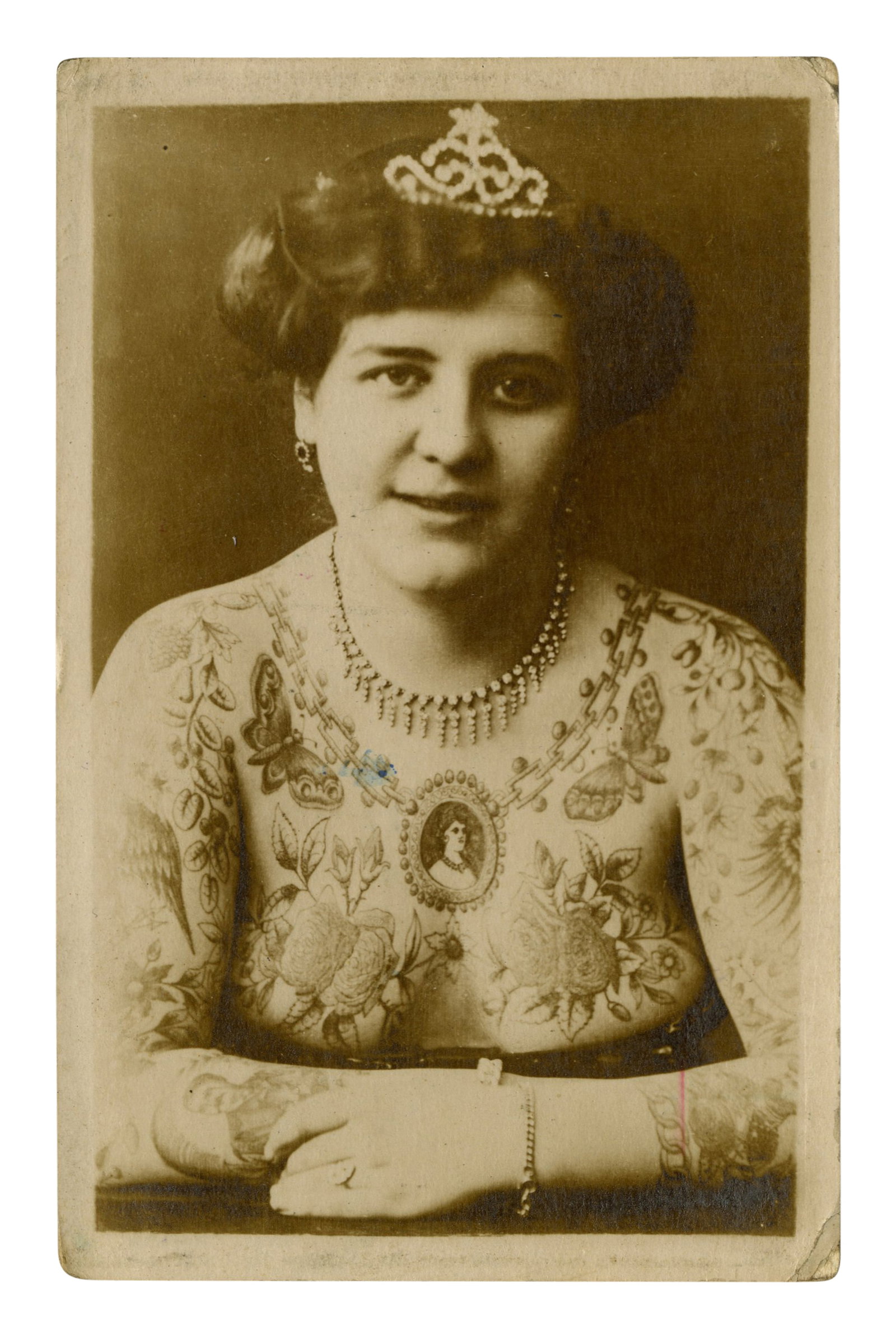 Photo Postcard of Tattooed Lady Anna Burilian [RPPC - Coney Island] (America, ca. 1920) 5 1/2 x 3: Photo Postcard of Tattooed Lady Anna Burilian [RPPC - Coney Island] (America, ca. 1920) Depicting the German-born tattooed lady Anna Burilian, who began performing at Coney Island around 1913. Gelatin