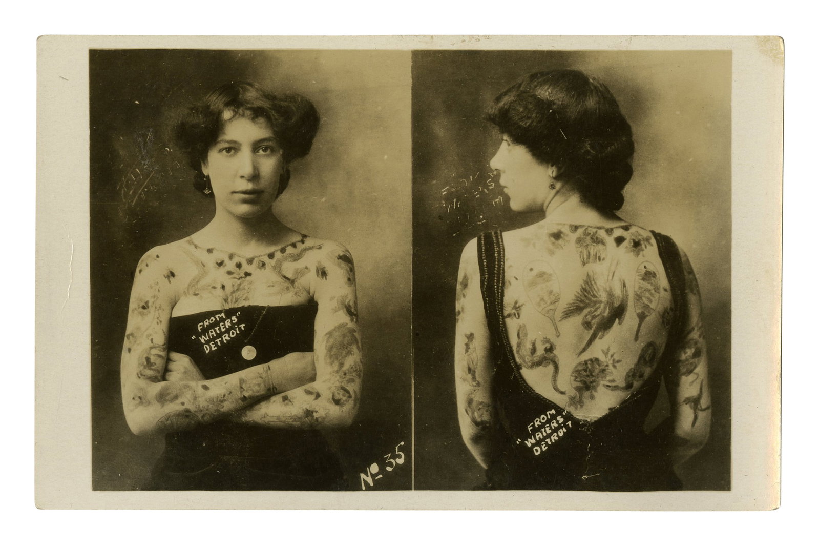 Photo Postcard of Tattooed Lady, Percy Waters [RPPC - Tattoo], (Detroit, ca. 1925) 3 1/2 x 5 1/2 in. (1 of 2)