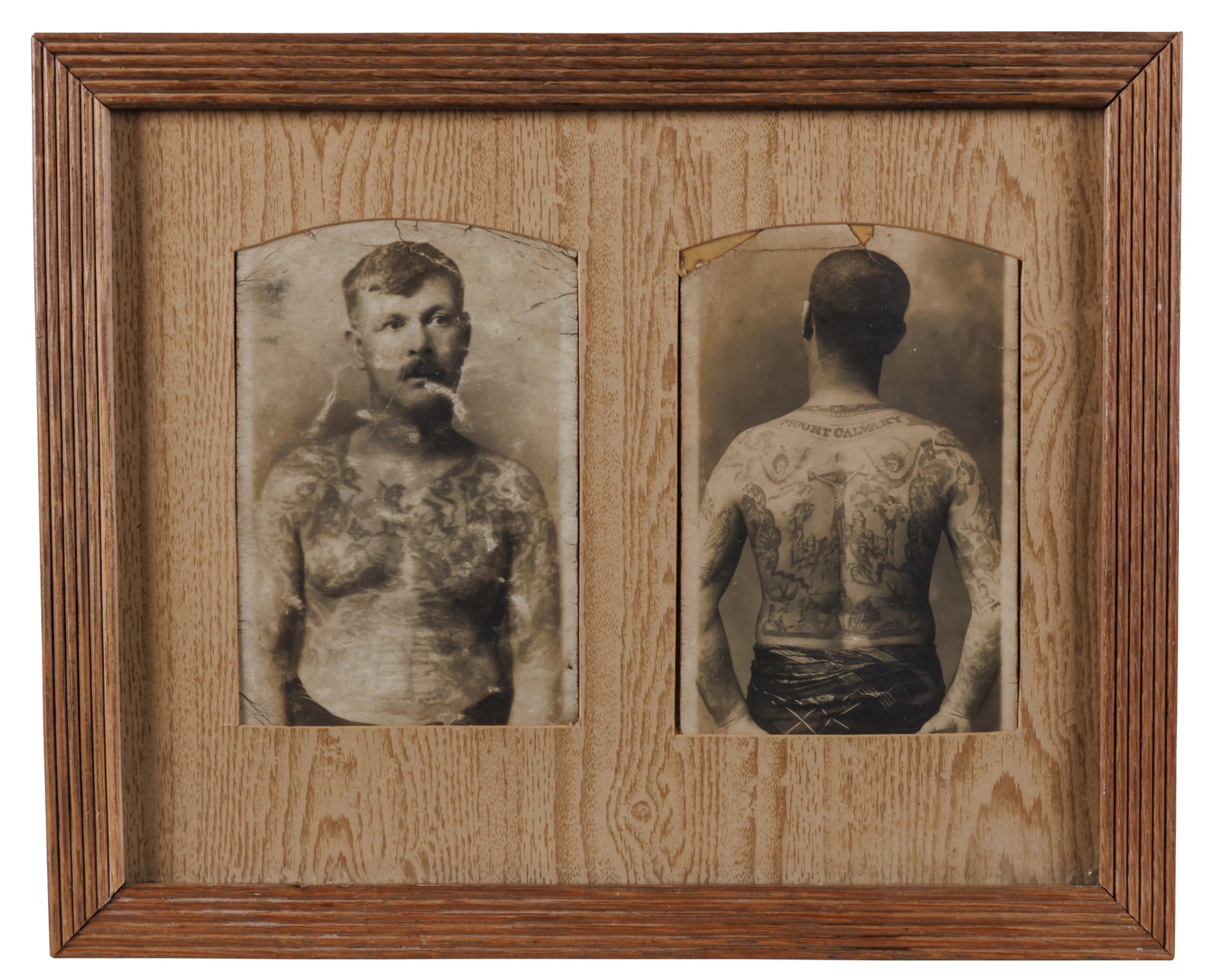 Two Photo Postcards of a Tattooed Man [RPPC - Mount Calvary] (ca. 1920) Frame: 9 x 11 in. (22.9 x: Two Photo Postcards of a Tattooed Man [RPPC - Mount Calvary] (ca. 1920) Depicting the front and back of a yet-identified tattooed man with a "Mount Calvary" back piece. Gelatin silver prints on postca