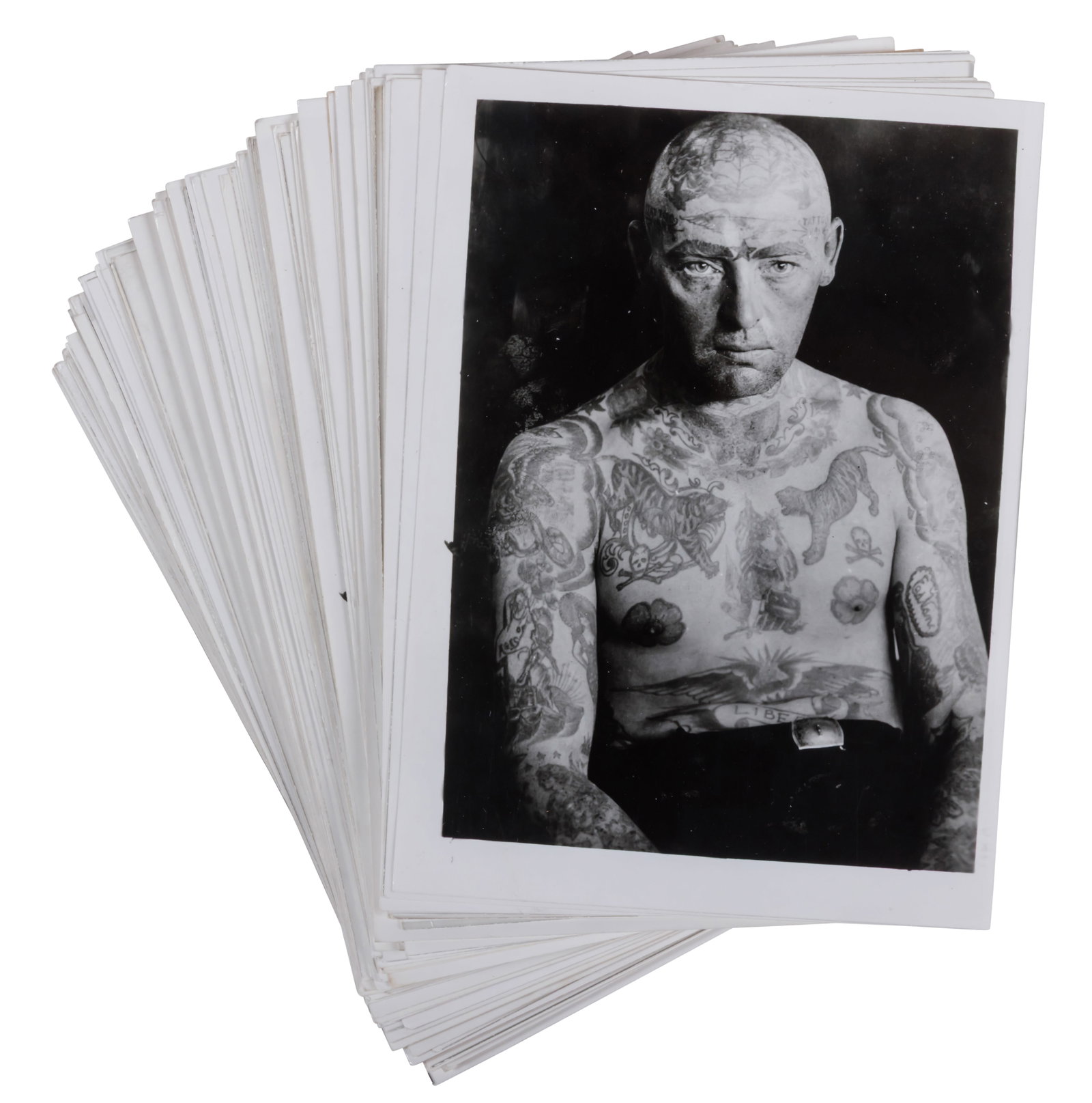 Collection of 120+ Kobel Photographs of Tattoo Artists and Tattooed Attractions Each: 5 x 7 in.: Koi and Marijuana Leaf Tattoo Design by Erno (San Francisco, 1978) Japanese-style tattoo flash by Erno Szabady (1949-2007), San Francisco, California, 1978. Inscribed "Erno '78" in upper left. Ink and