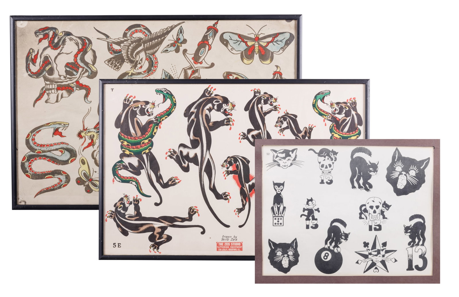 Three Sheets of Commercial Tattoo Designs with Cats and Panthers (America, 1925-1955) Largest frame:: Three Sheets of Commercial Tattoo Designs with Cats and Panthers (America, 1925-1955) Consisting of an early sheet of hand-colored tattoo flash by an unknown artist, ca. 1925. Together with two sheets