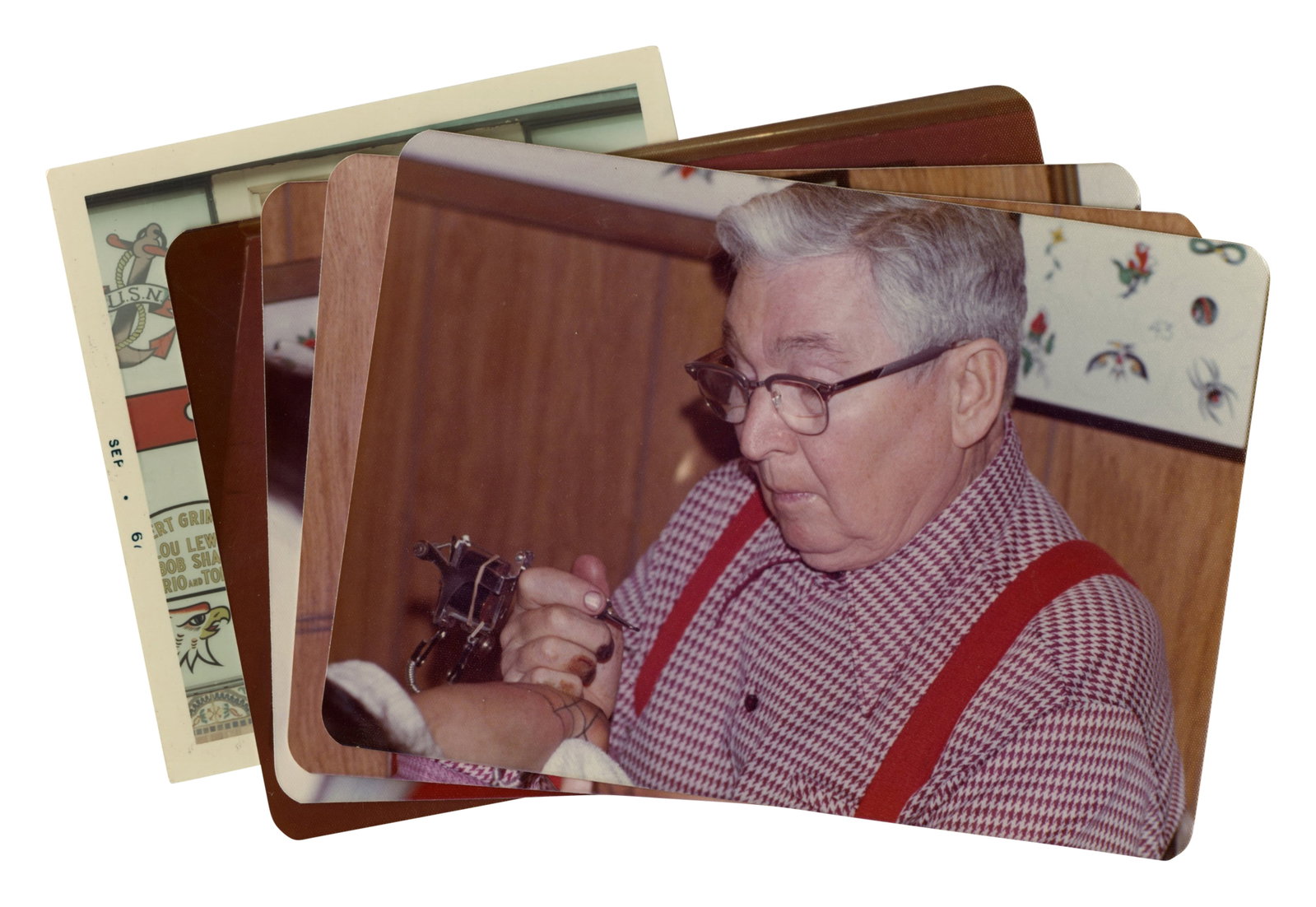 Five Snapshots of Tattoo Artist Bert Grimm [Photograph] (California and Oregon, 1964-1985) Largest: (1 of 2)