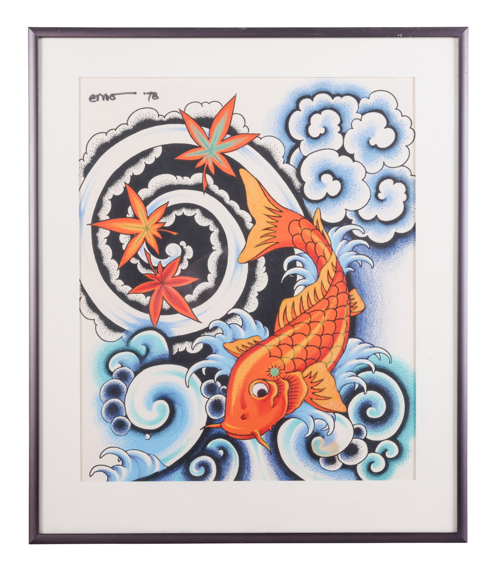 Koi and Marijuana Leaf Tattoo Design by Erno (San Francisco, 1978) Sight: 10 1/2 x 8 3/4 in. (26.7 x: Koi and Marijuana Leaf Tattoo Design by Erno (San Francisco, 1978) Japanese-style tattoo flash by Erno Szabady (1949-2007), San Francisco, California, 1978. Inscribed "Erno '78" in upper left. Ink and
