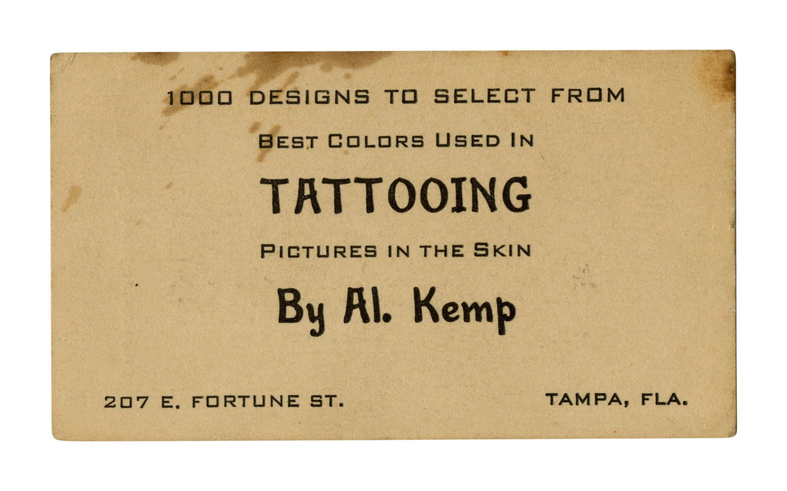 Al Kemp Tattoo Artist Business Card [Trade Card - Ephemera] (Tampa, ca. 1955) 2 x 3 1/2 in. (5.1 x (1 of 2)