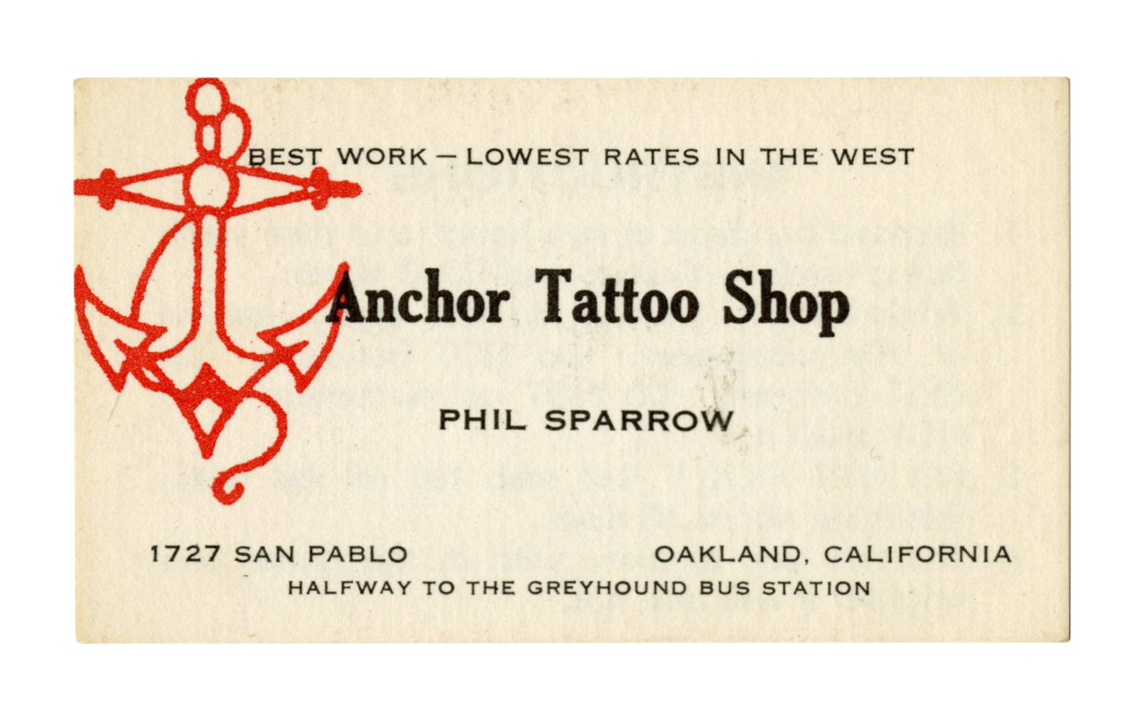 Phil Sparrow Tattoo Artist Business Card [Trade Card - LGBQT] (Oakland, ca. 1965) 2 x 3 1/2 in. (5.1 (1 of 2)
