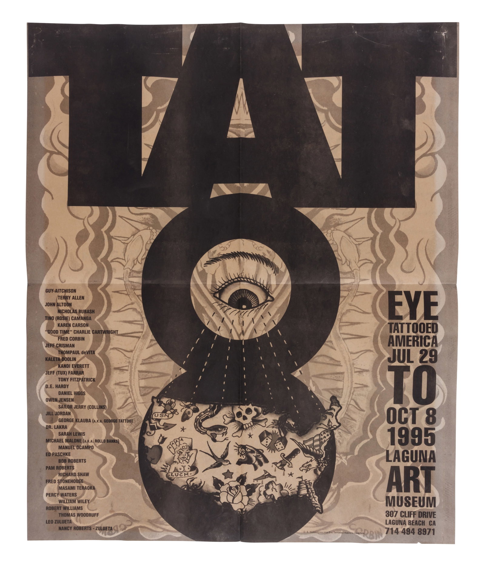 Ed Hardy "Eye Tattooed America" Folding Promotional Poster (California, 1995) Open: 17 x 20 in.: Ed Hardy "Eye Tattooed America" Folding Promotional Poster (California, 1995) Promoting the groundbreaking exhibition "Eye Tattooed America," curated by Ed Hardy, Laguna Art Museum, 1995. Open: 17 x 2