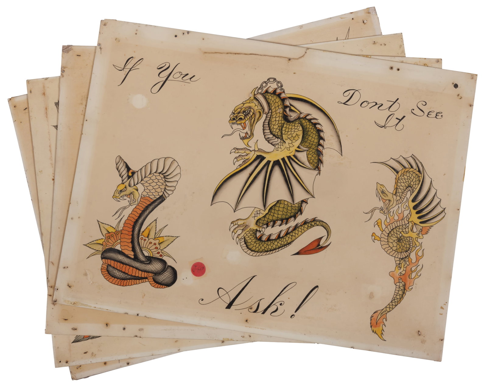 Four Sheets of Tattoo Flash by Jerry [Motorcycle] (San Francisco, ca. 1980) 15 x 20 in. (38.1 x 50.8 (1 of 6)