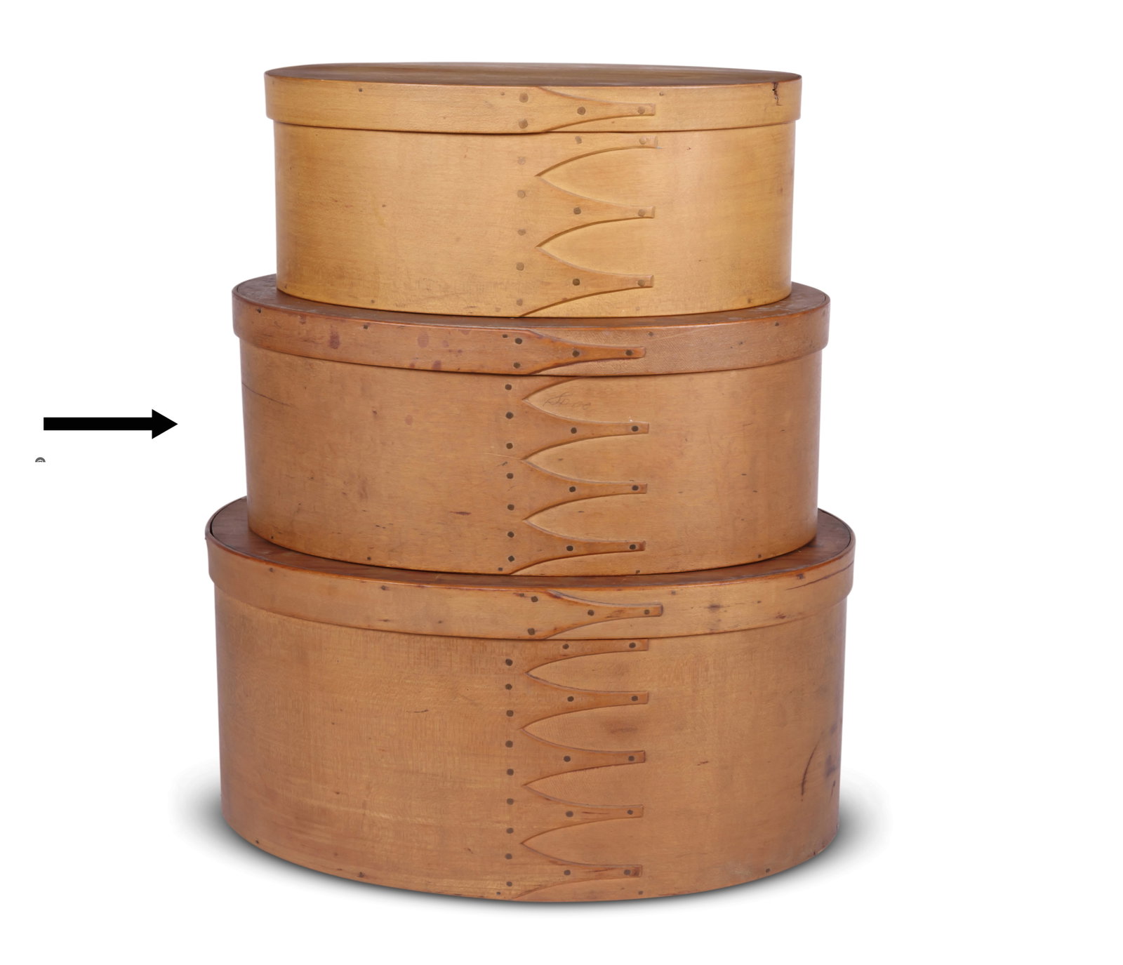 Shaker Oval Box (New Lebanon, New York, ca. 1840) 5 1/2 x 9 1/2 x 13 1/2 in. (14 x 24.1 x 34.3 cm.): Shaker Oval Box (New Lebanon, New York, ca. 1840) Having four "lappers" on the body. Maple and white pine with copper rivets, in original natural finish. 5 1/2 x 9 1/2 x 13 1/2 in. (14 x 24.1 x 34.3 c