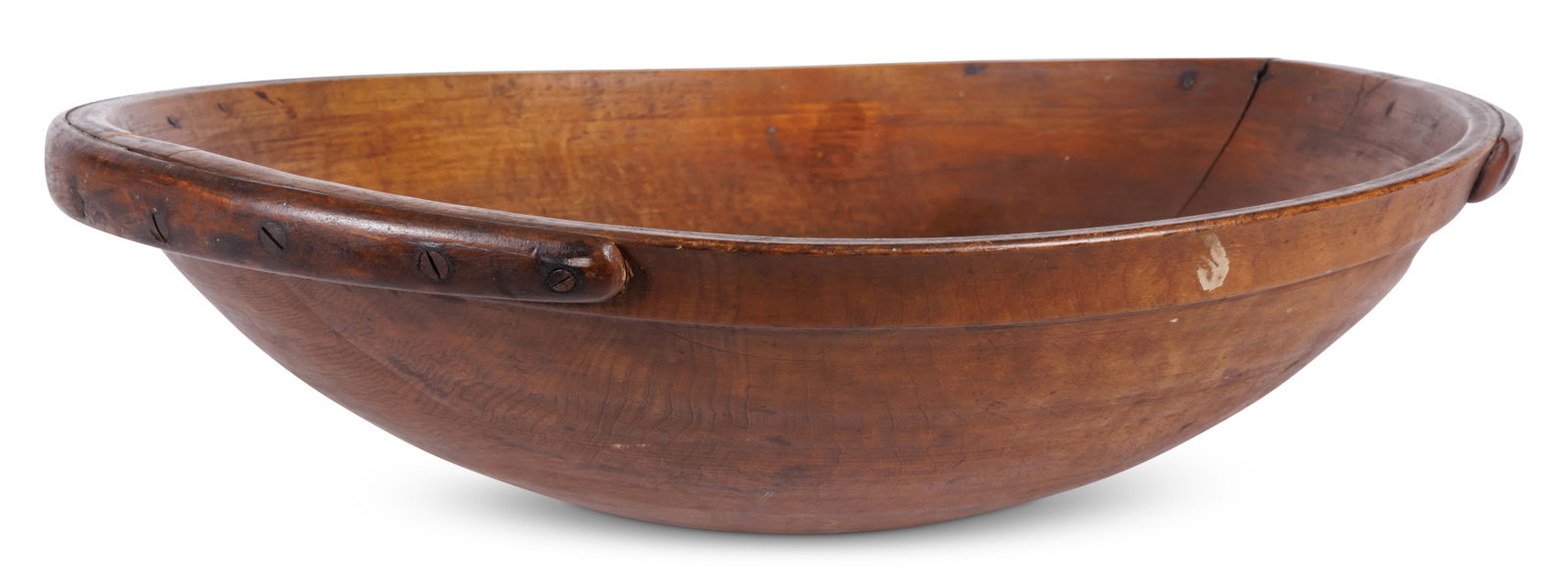 Large Shaker Turned Wooden Bowl (New Lebanon, New York, ca. 1850) 5 3/4 x 22 in. (14.6 x 55.9 cm.): Large Shaker Turned Wooden Bowl (New Lebanon, New York, ca. 1850) A closely related example is in the collection of the Shaker Museum (Object ID 1950.374.1). Maple with applied handles secured with ha