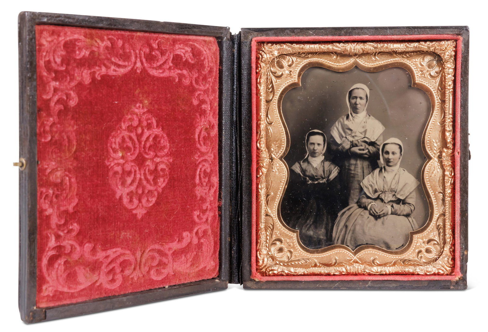 Rare Sixth-Plate Tintype Portrait of Three Shaker Sisters [Photograph] (Watervliet, New York, ca.: Rare Sixth-Plate Tintype Portrait of Three Shaker Sisters [Photograph] (Watervliet, New York, ca. 1865) Depicting Sister Rosetta Hendrickson (1845?1912) at lower left, possibly seated beside Sister An