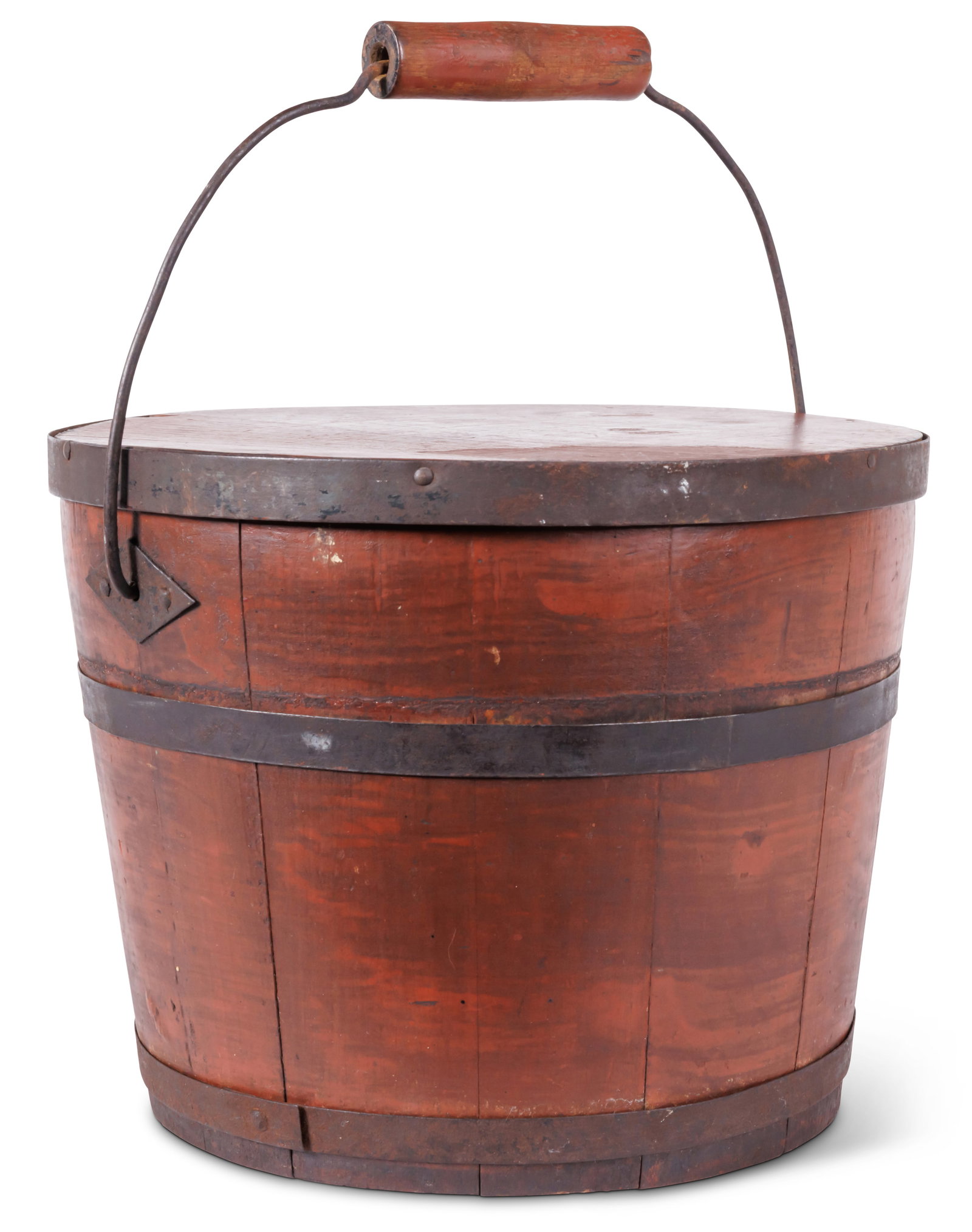 Shaker Pail with Lid in Red Paint (North Family, Enfield, New Hampshire, ca. 1870) 8 x 10 in. (20.3: Shaker Pail with Lid in Red Paint (North Family, Enfield, New Hampshire, ca. 1870) Stamped ?NF Shakers Enfield, NH? on the bottom. Birch and white pine with original red stain. Iron bands, bail, and b