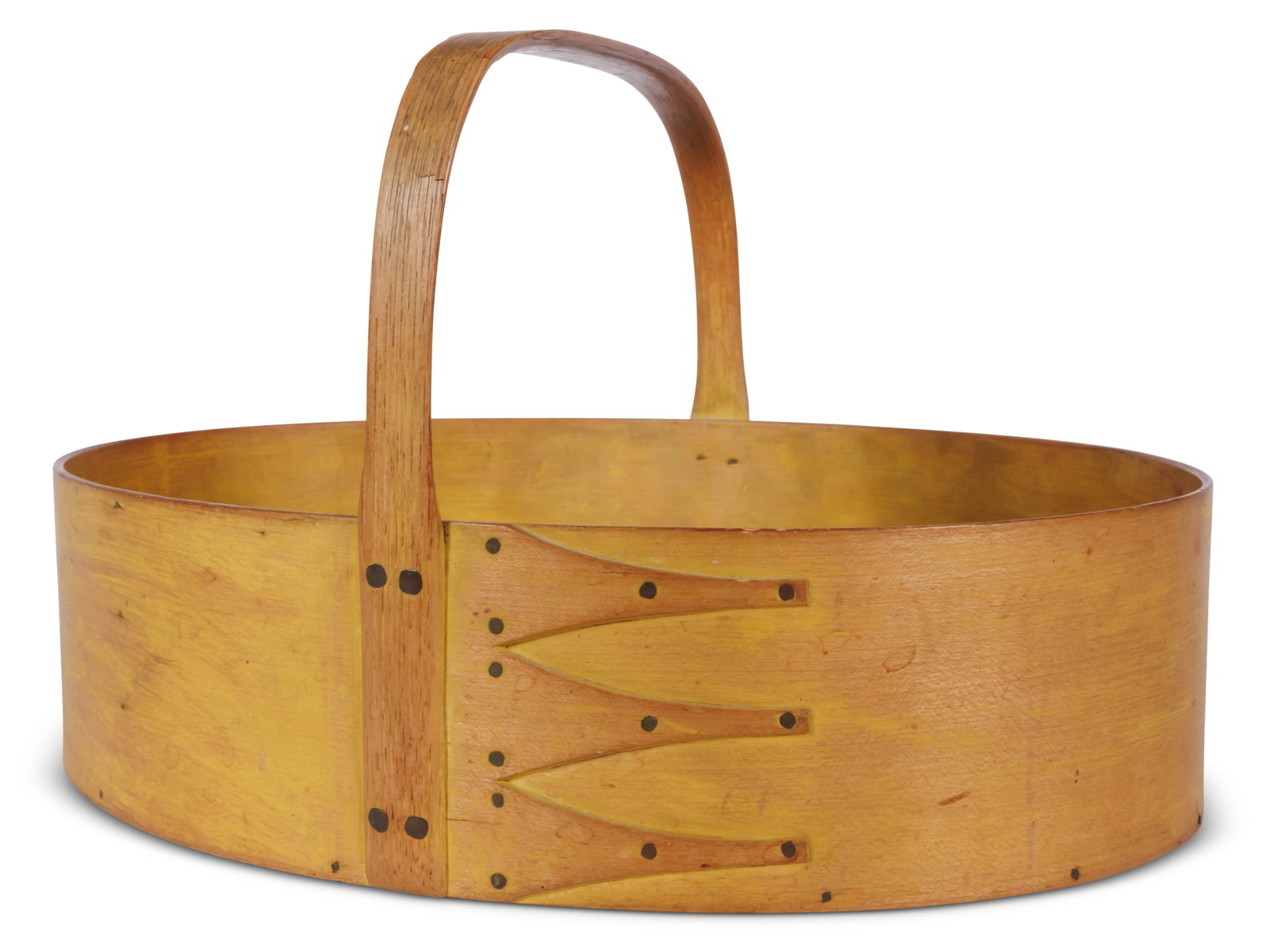 Shaker "Office Kitchen" Carrier in Chrome Yellow (Canterbury New Hampshire, ca. 1840) 6 3/4 x 8 x 11: Shaker "Office Kitchen" Carrier in Chrome Yellow (Canterbury New Hampshire, ca. 1840) Marked "OK" in two places, indicating its use in the Office Kitchen. Maple and pine with bent hickory handle. Orig