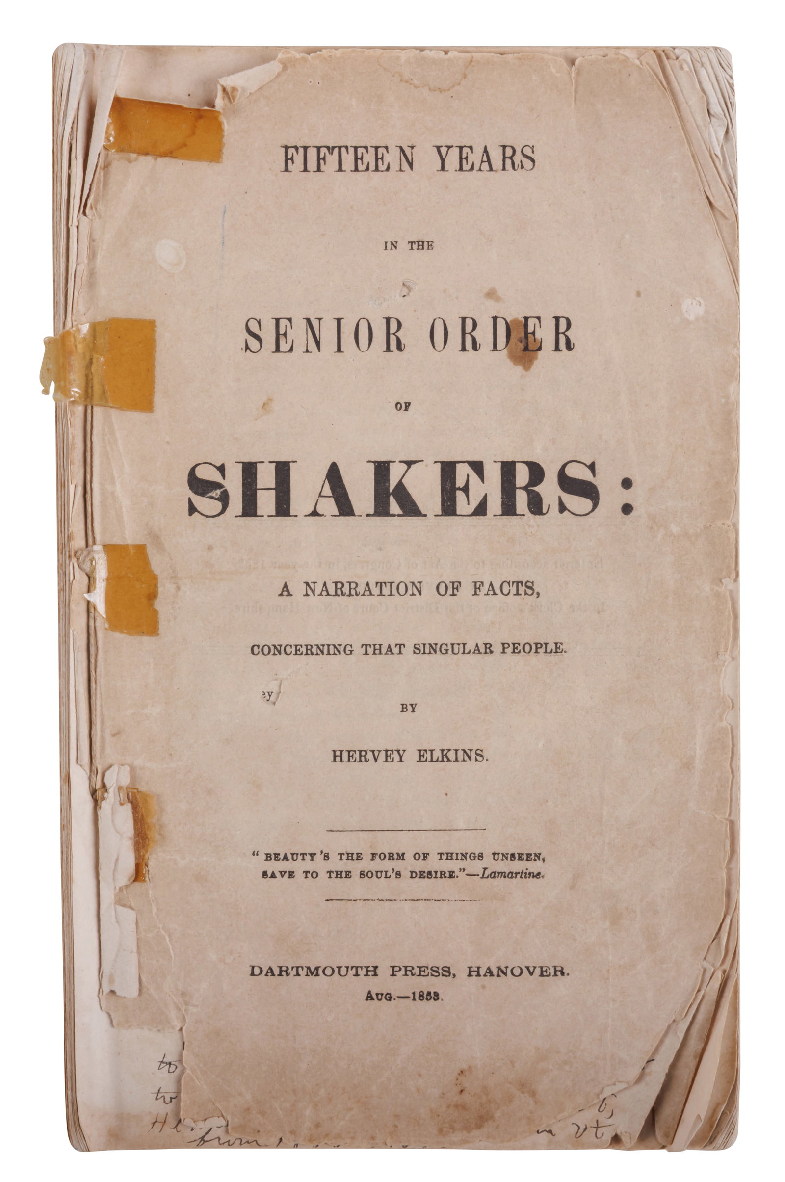 Fifteen Years in the Senior Order of Shakers, Elkins' Family Copy (Enfield, New Hampshire, 1853) 9 x (1 of 5)