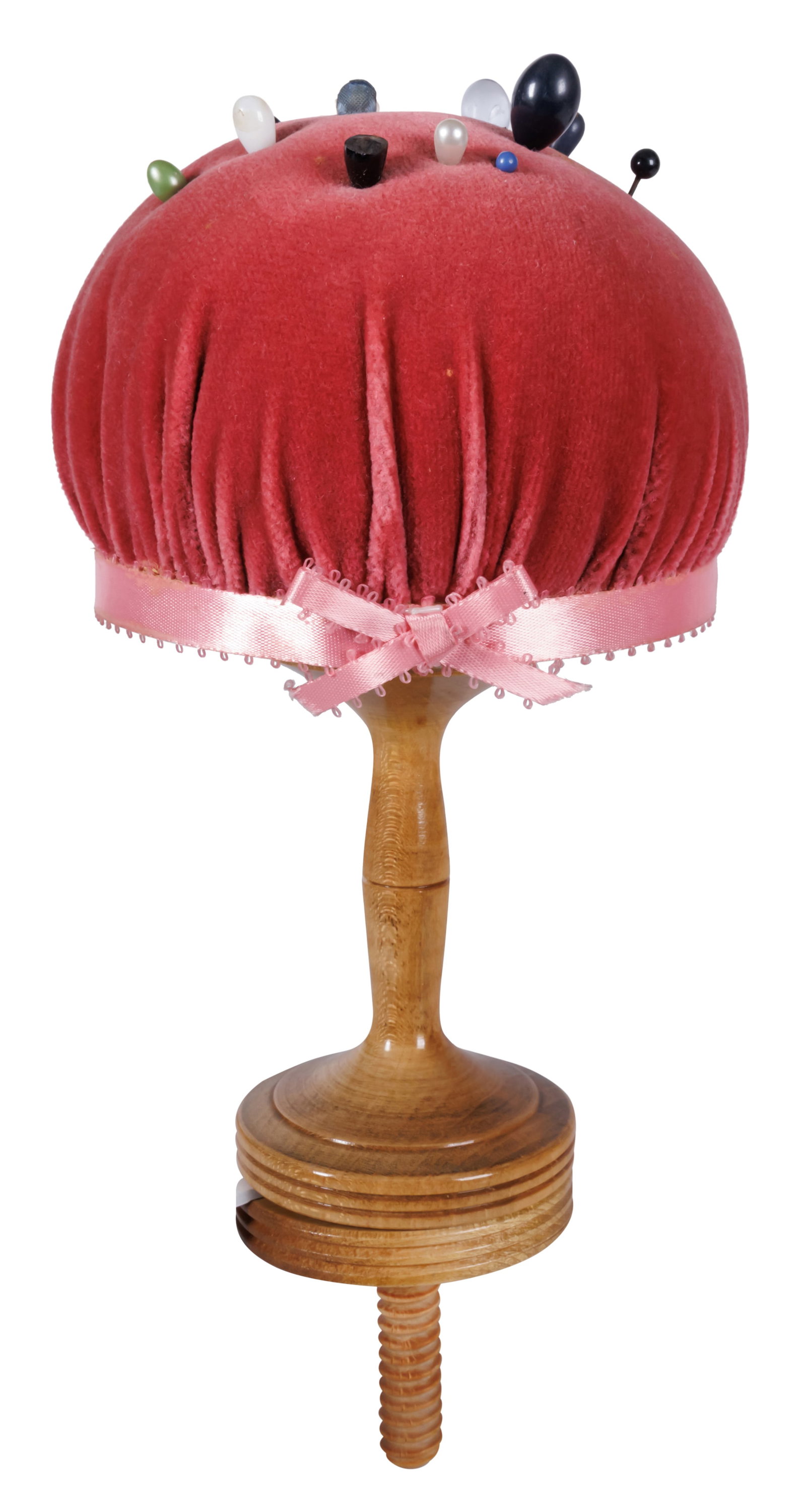 Shaker Screwball Pincushion Clamp (Canterbury, New Hampshire, ca. 1900) 10 in. (25.4 cm.): Shaker Screwball Pincushion Clamp (Canterbury, New Hampshire, ca. 1900) Maple with velvet-covered pincushion and silk ribbon. Provenance: Pat Hatch, Harvard, Massachusetts. 10 in. (25.4 cm.)