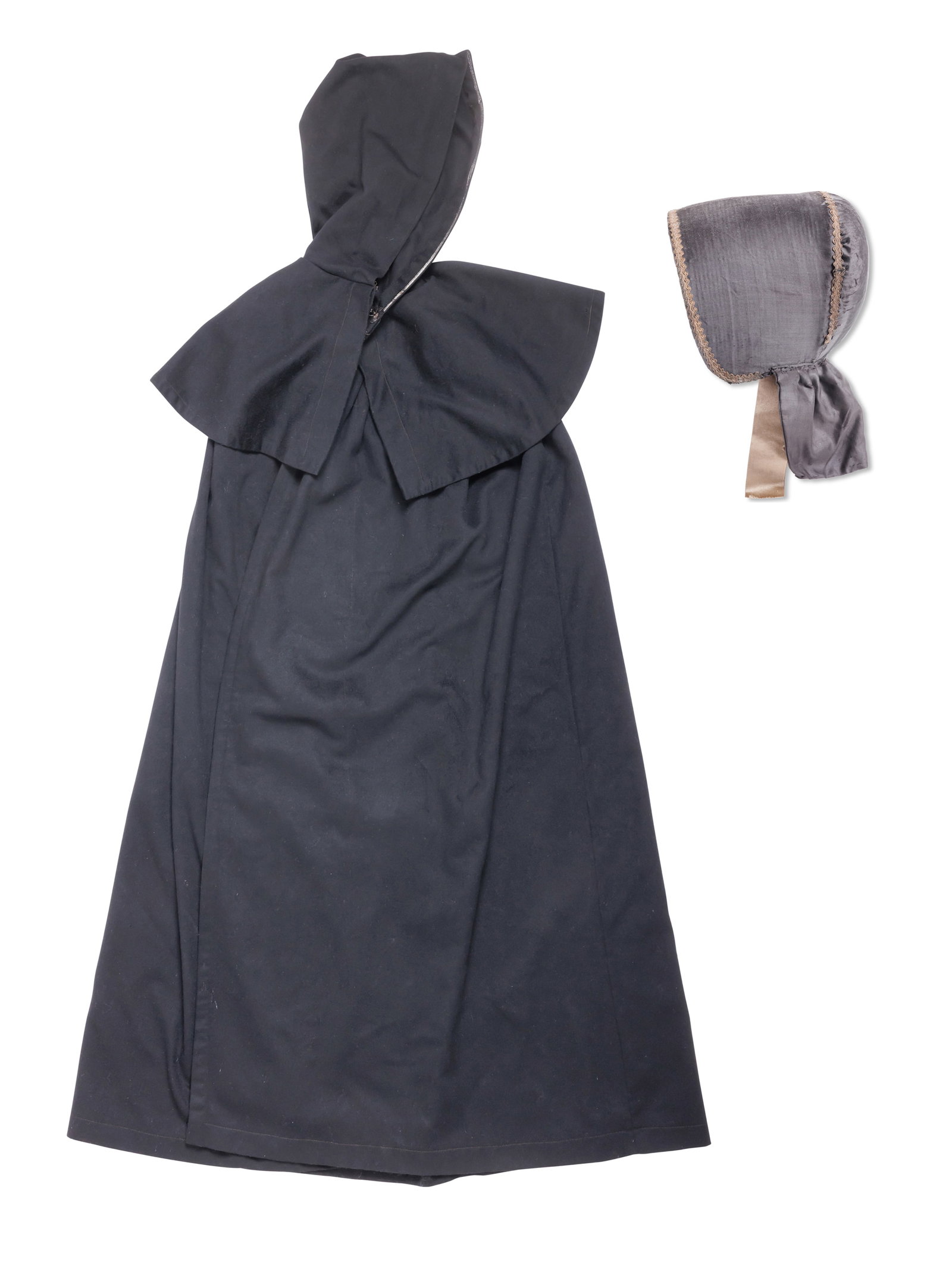 Shaker "Dorothy Cloak" and Sister's Bonnet (Canterbury, New Hampshire, ca. 1890) Cloak: 60 in. (1 of 6)