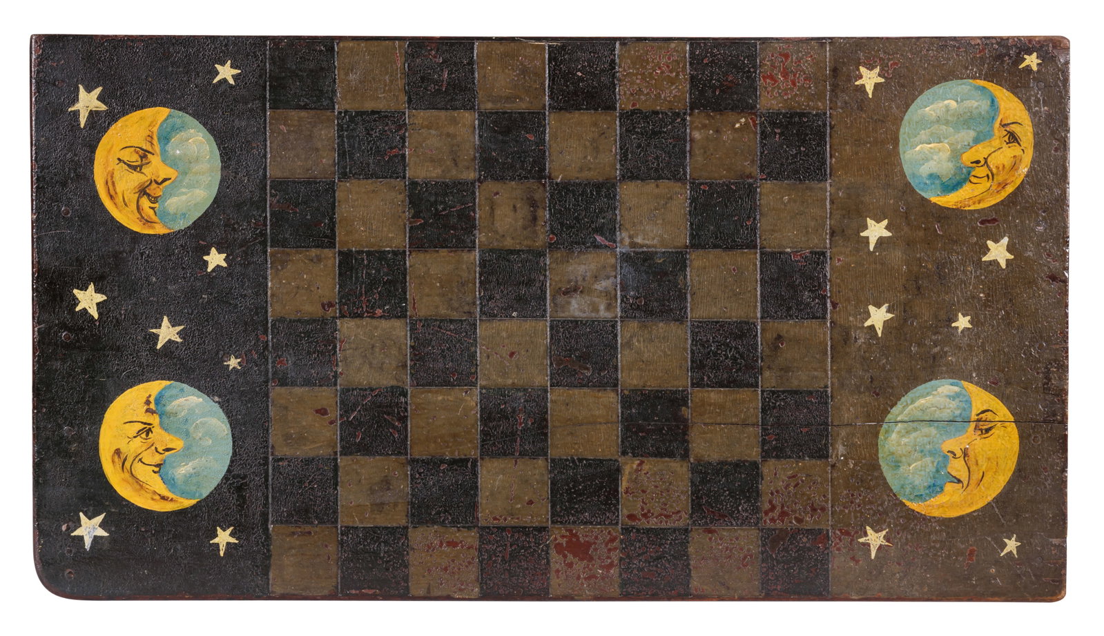 Moon Faces Painted Game Board [Folk Art - Checkerboard] (American, late 19th century) 13 x 24 in.: Moon Faces Painted Game Board [Folk Art - Checkerboard] (American, late 19th century) Checkerboard with four polychrome moon faces, American, late 19th century. Decorated at each corner with a whimsic