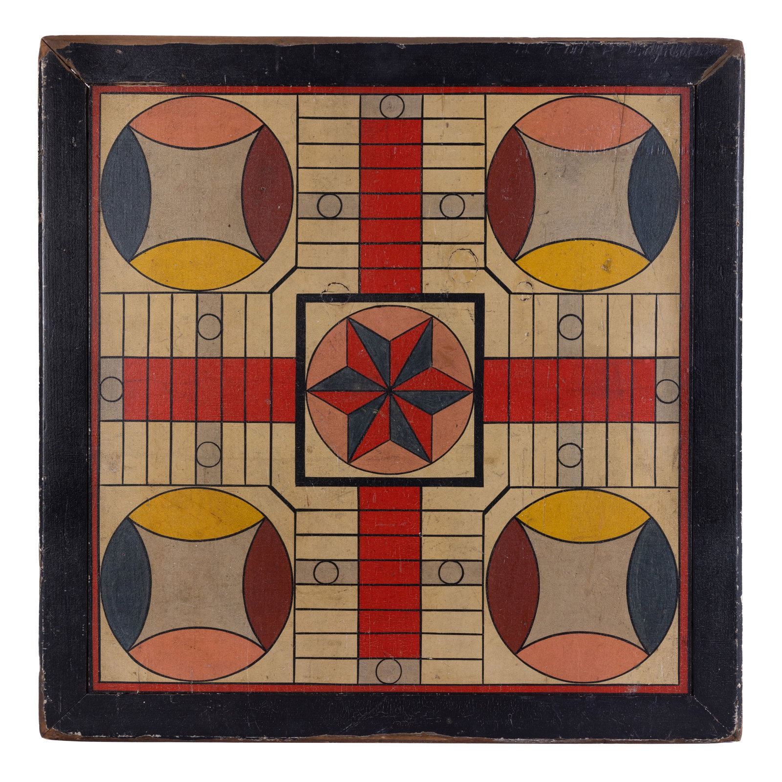 Parcheesi Game Board [Folk Art - Amusement] (New England, late 19th century) 19 x 19 in. (48.3 x: Parcheesi Game Board [Folk Art - Amusement] (New England, late 19th century) In vibrant red, yellow, green, and salmon paint with nautical star decoration, probably New England, late 19th century. Whi
