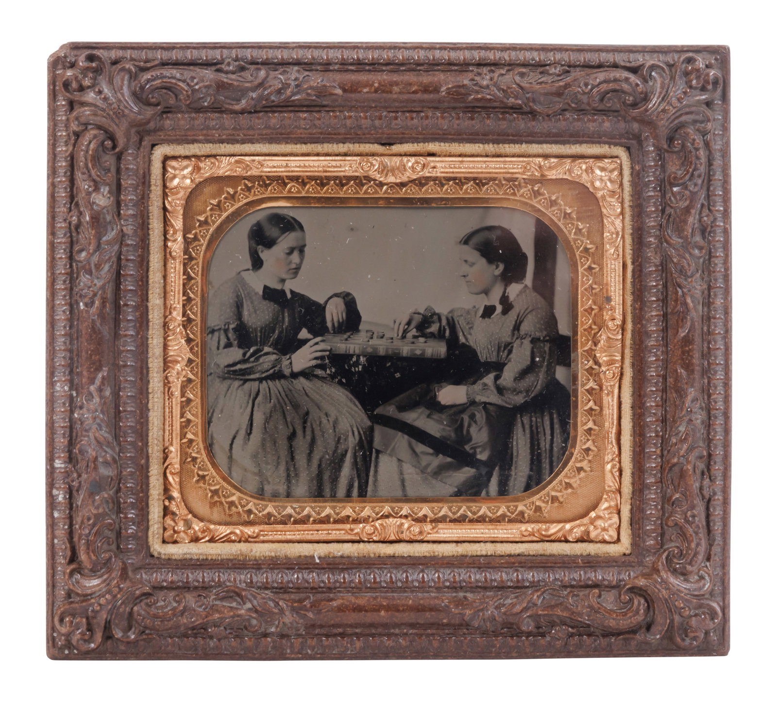 Tintype Photograph of Girls Playing Checkers [Game Board] (American, ca. 1860) Frame: 4 1/4 x 4 3/4 (1 of 2)