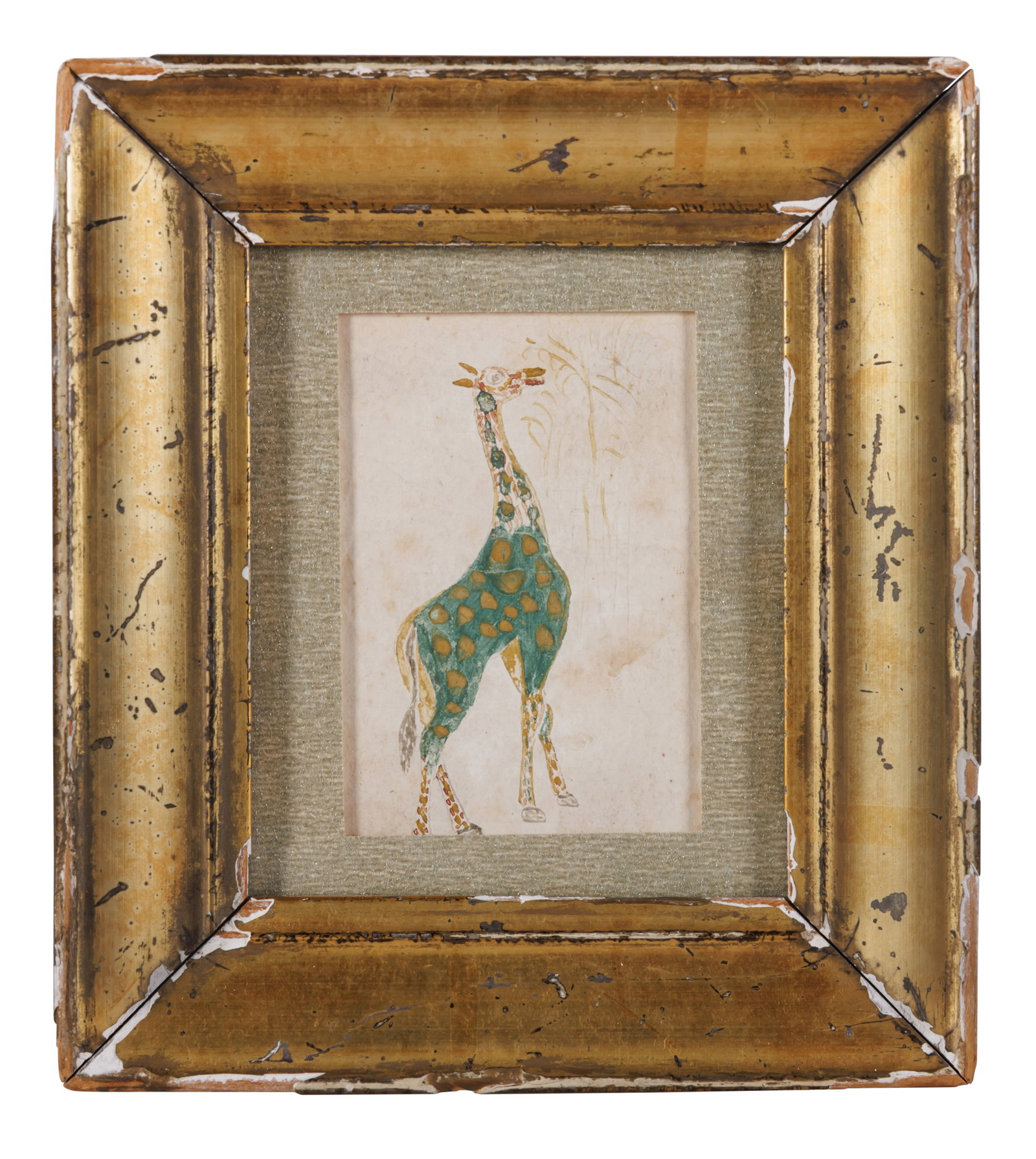 Watercolor Giraffe Reward of Merit, Pennsylvania [Folk Art] (Pennsylvania, early to mid 19th: Watercolor Giraffe Reward of Merit, Pennsylvania [Folk Art] (Pennsylvania, early to mid 19th century) Depicting a giraffe feeding from the branches of a tall tree. Watercolor on paper. From the collec