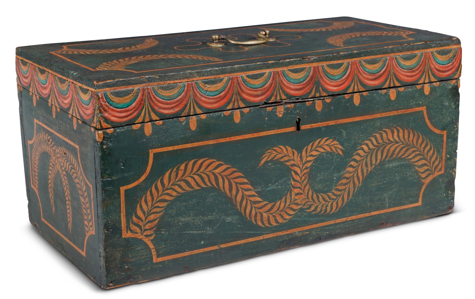 Worcester County Decorated Box in Blue-Green Paint [Folk Art] (Massachusetts, ca. 1830) 8 1/4 x 17 (1 of 10)