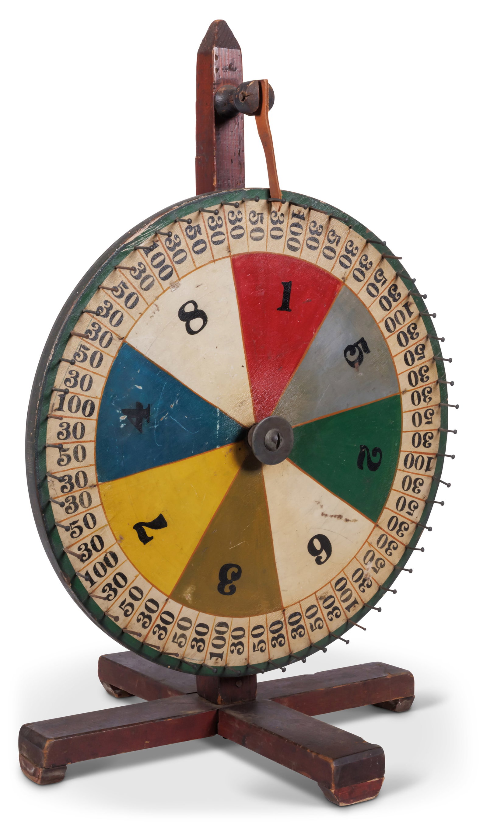 Wheel of Fortune Gaming Wheel [Folk Art - Carnival - Painted] (American, early 20th century) 23 1/2: Wheel of Fortune Gaming Wheel [Folk Art - Carnival - Painted] (American, early 20th century) Table-top spinning wheel game in vivid paint with obelesk standard, American, early 20th century. Mixed woo